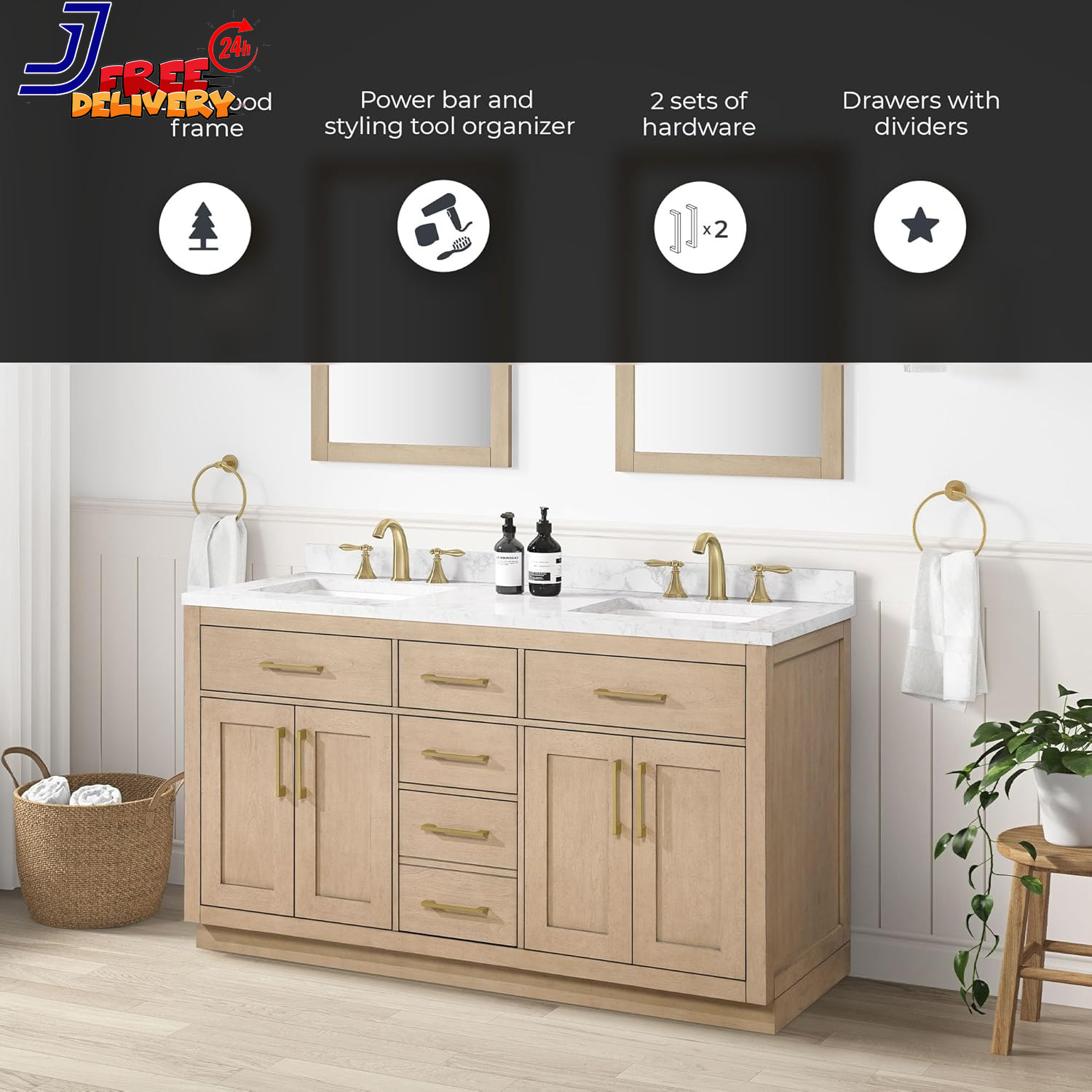 60 In. Double Sink Freestanding Sahara Birch Bathroom Vanity w/White Engineered