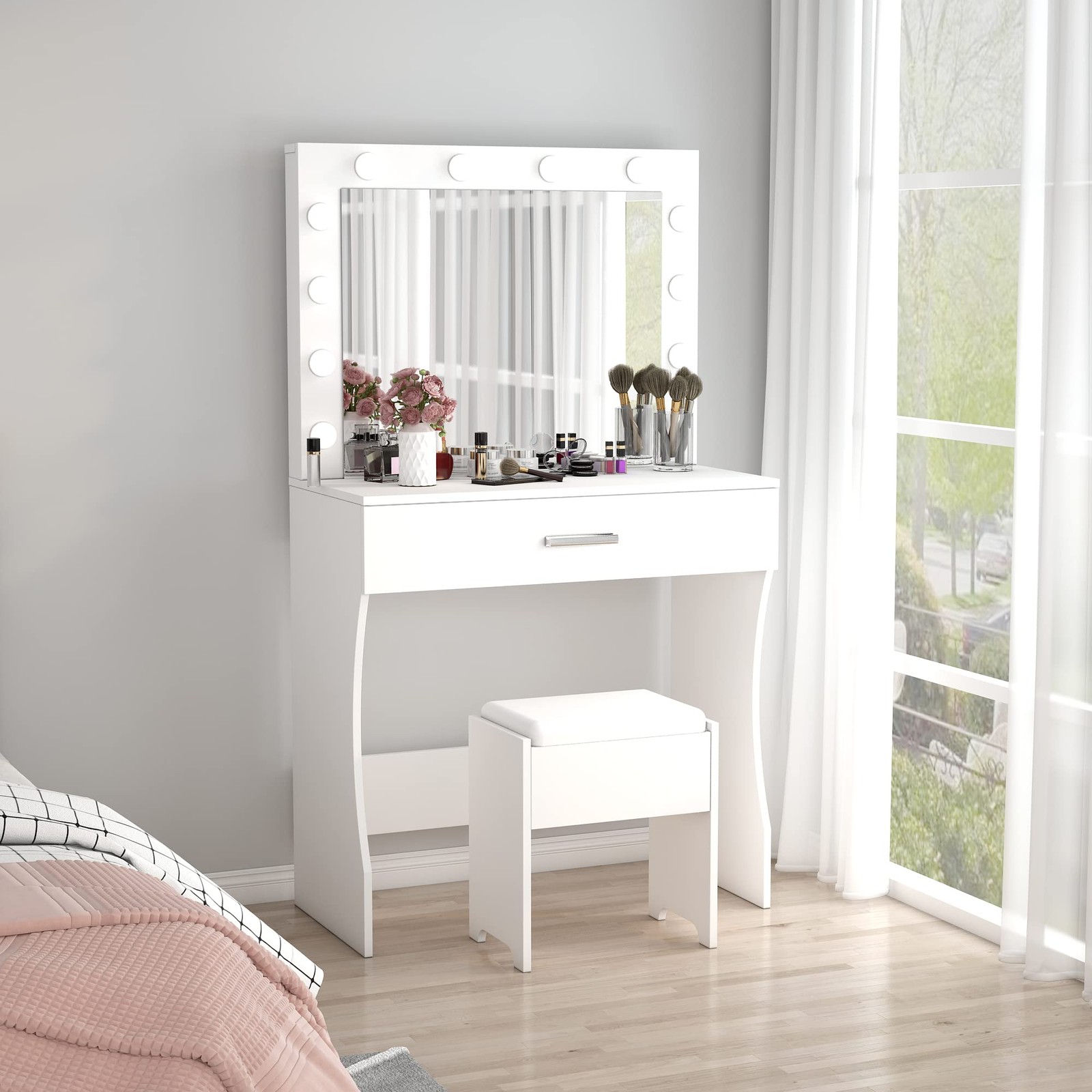 Makeup Vanity Desk with Lights Dimmable Large Drawer Sturdy Bedroom Studio White