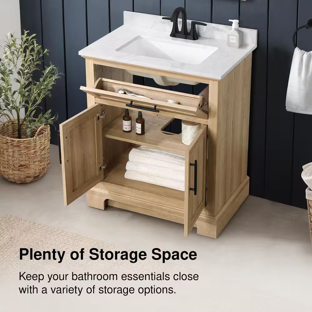 Doveton 30 In. Single Sink Freestanding Weathered Tan Bath Vanity with White Eng