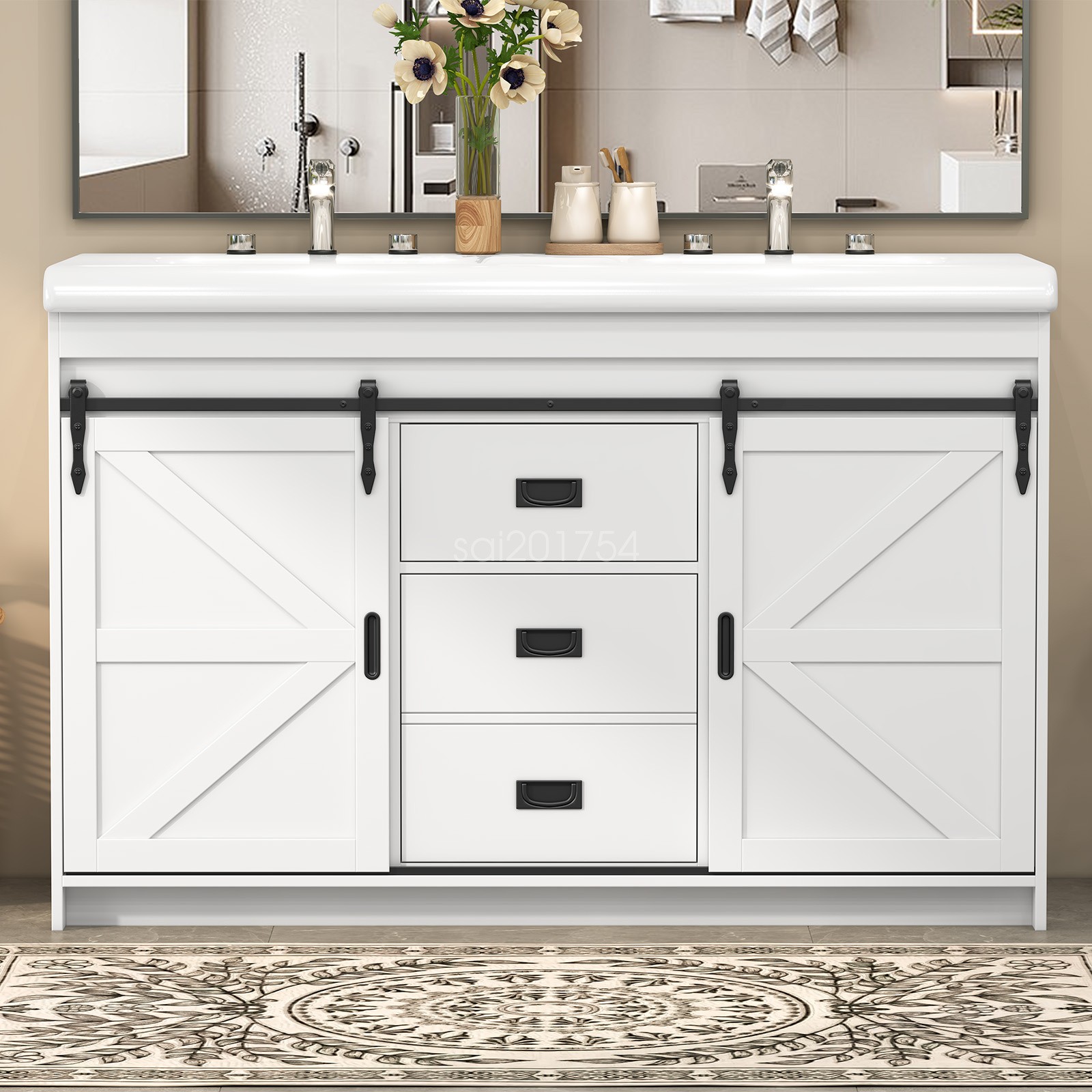 47.3″ Bathroom Vanity Freestanding Ceramic Sink Cabinet With Drawers and Doors