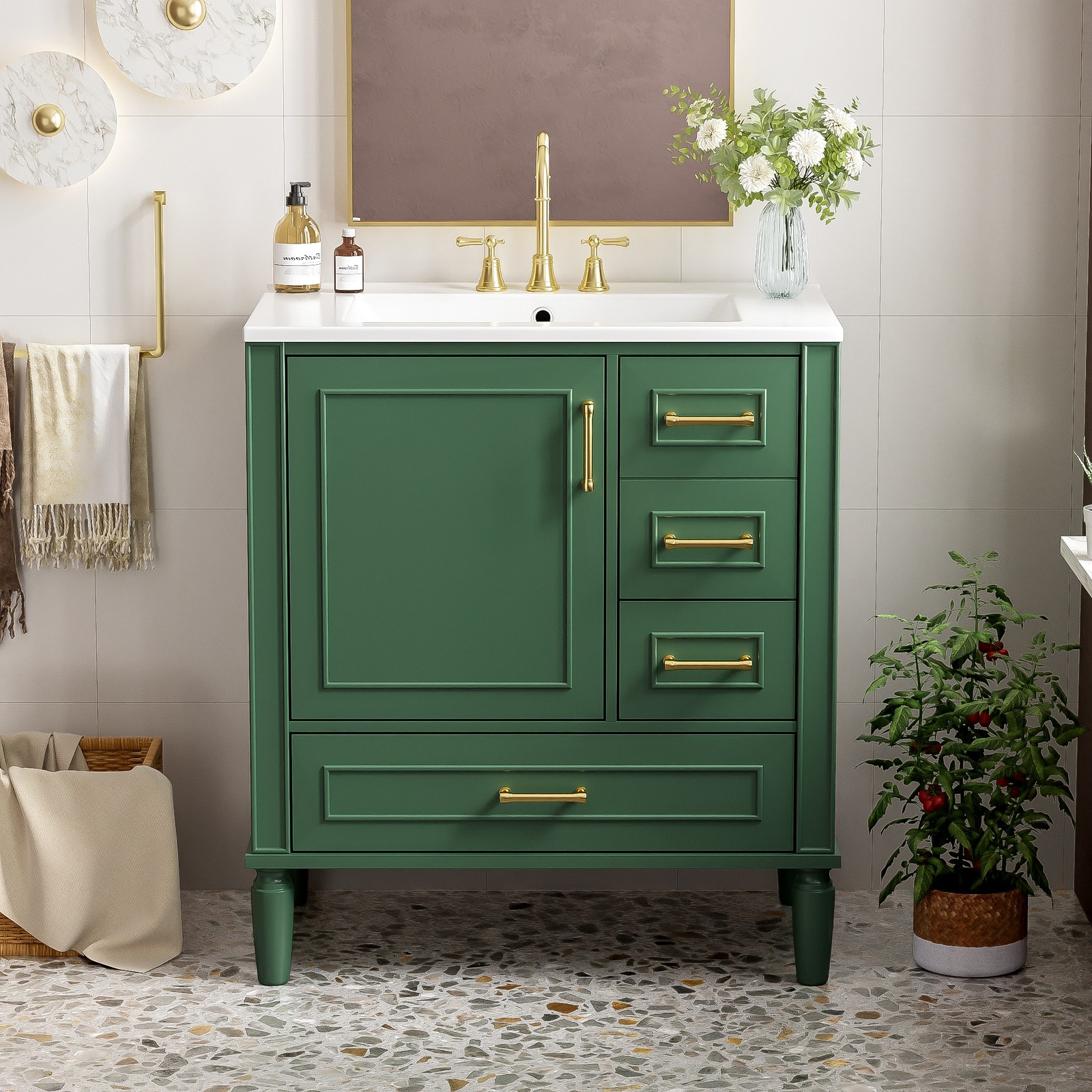 30″ Bathroom Vanity Set Floor Standing Bathroom Storage Cabinet w/Three Drawers