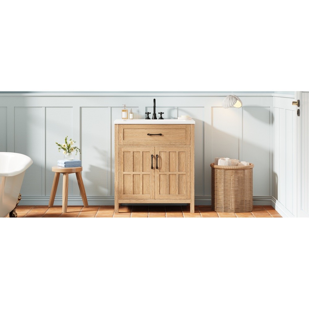30″ Bathroom Vanity Resin Sink, Solid Wood, Adjustable Shelf & Door Organizers