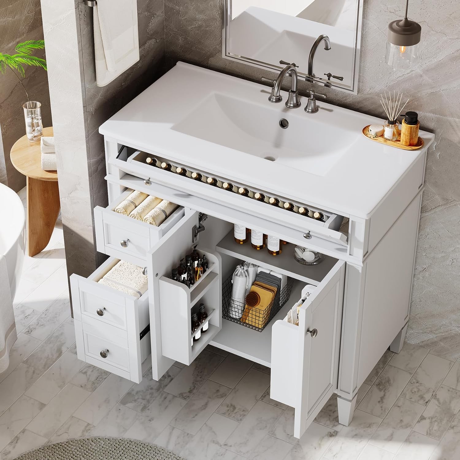 36″ Bathroom Vanity with Sink with 4 Drawers & 2 Doors, Bathroom Sink Cabinet