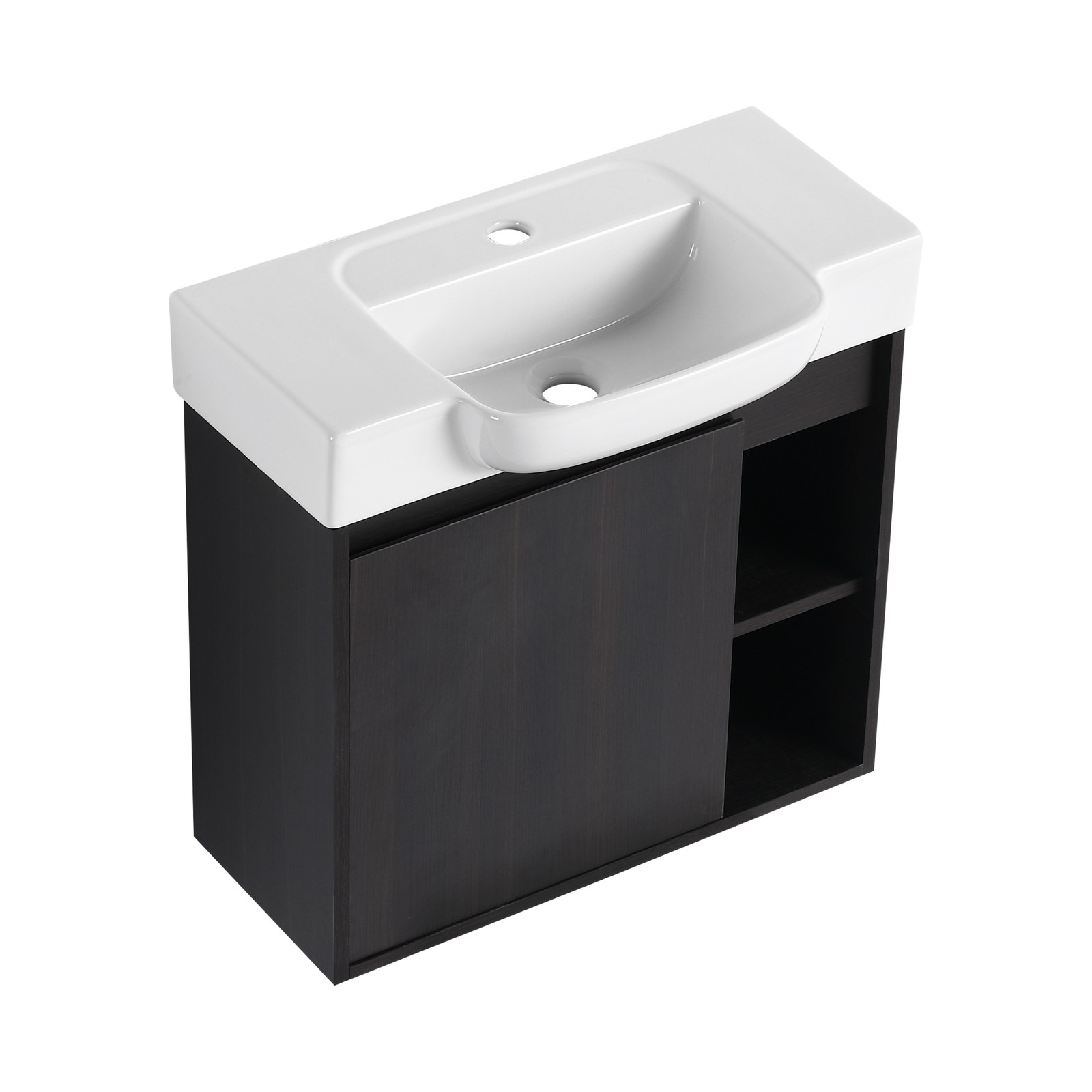 24″ Plywood Wall-Mounted Bathroom Vanity Cabinet W/ White Ceramic Sink Dark Oak