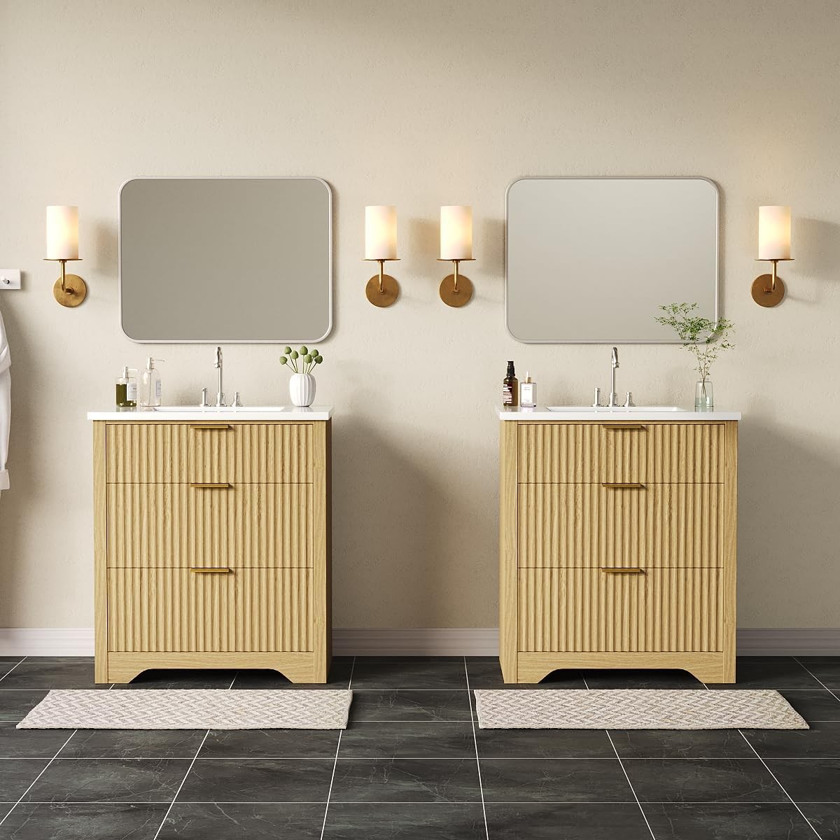 30″ Fluted Bathroom Vanity w/Sink, Freestanding Bathroom Sink Cabinet w/Drawers