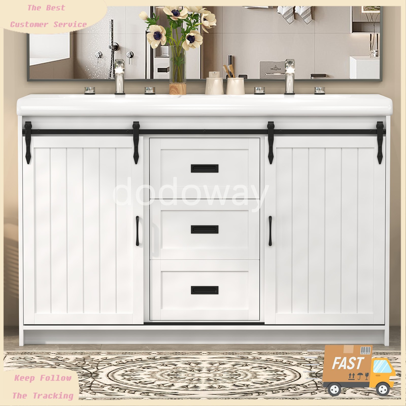 47″ Large Bathroom 2 Vanity Ceramic Sink Set Cabinet with Drawers & Cabinets