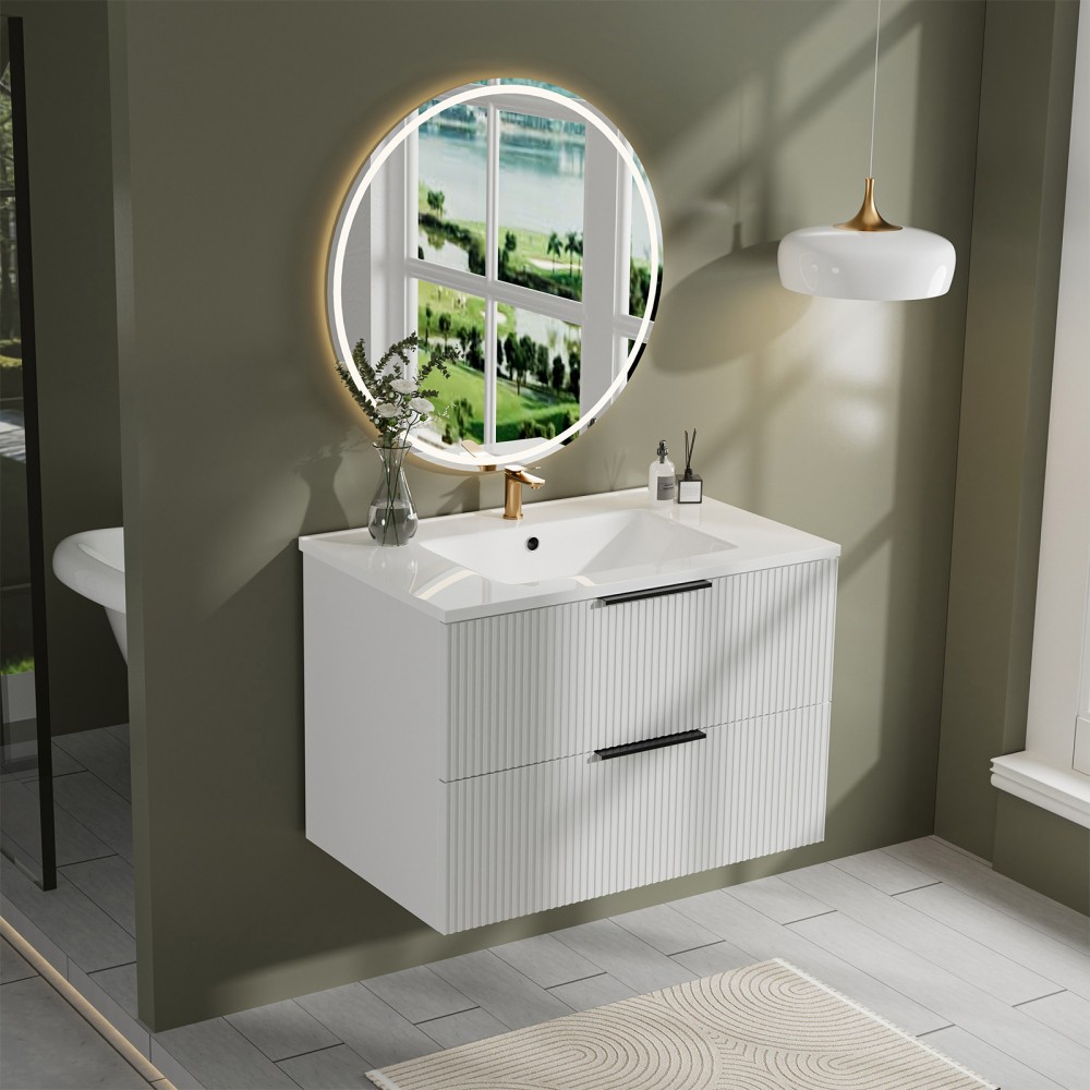 30″ Bathroom Vanity with Ceramic Sink, White Wall Mounted Fluted Cabinet