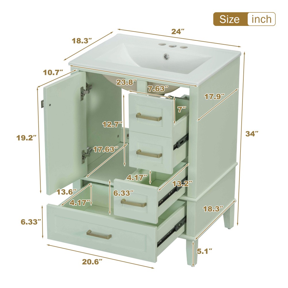 24.8″ Bathroom Vanity with Ceramic Sink, Modern Freestanding Cabinet Featuring