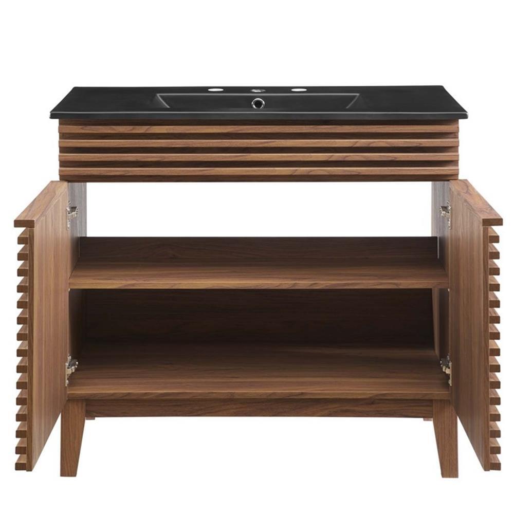Modway Render Modern Wood/Ceramic Bathroom Vanity in Walnut/Black