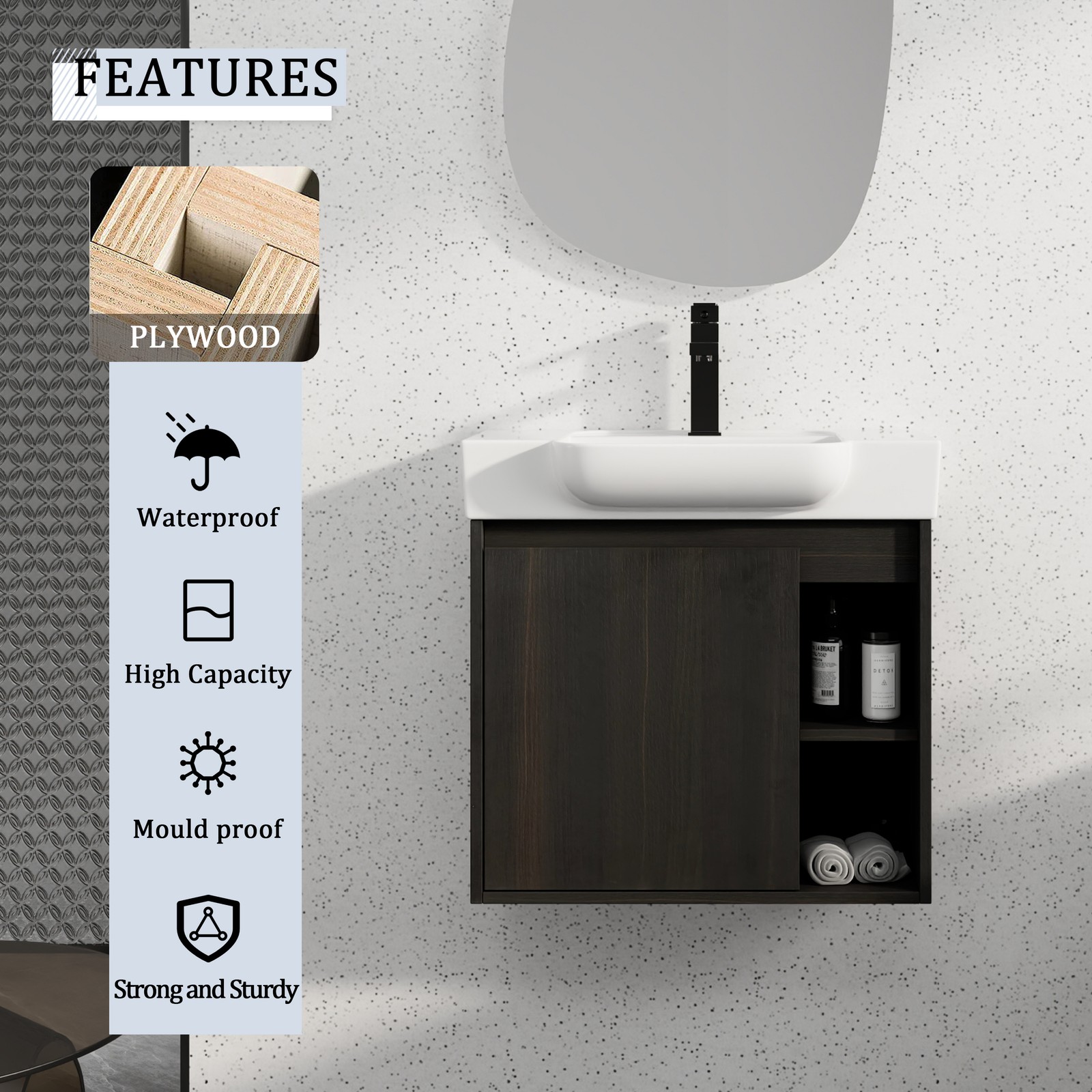 24″ Plywood Wall-Mounted Bathroom Vanity Cabinet W/ White Ceramic Sink Dark Oak