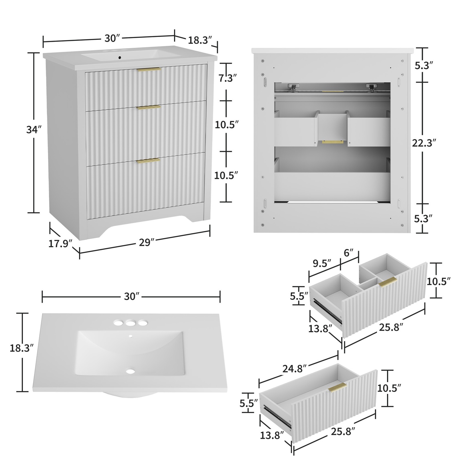 30″ Fluted Bathroom Vanity w/Sink, Freestanding Bathroom Sink Cabinet w/Drawers