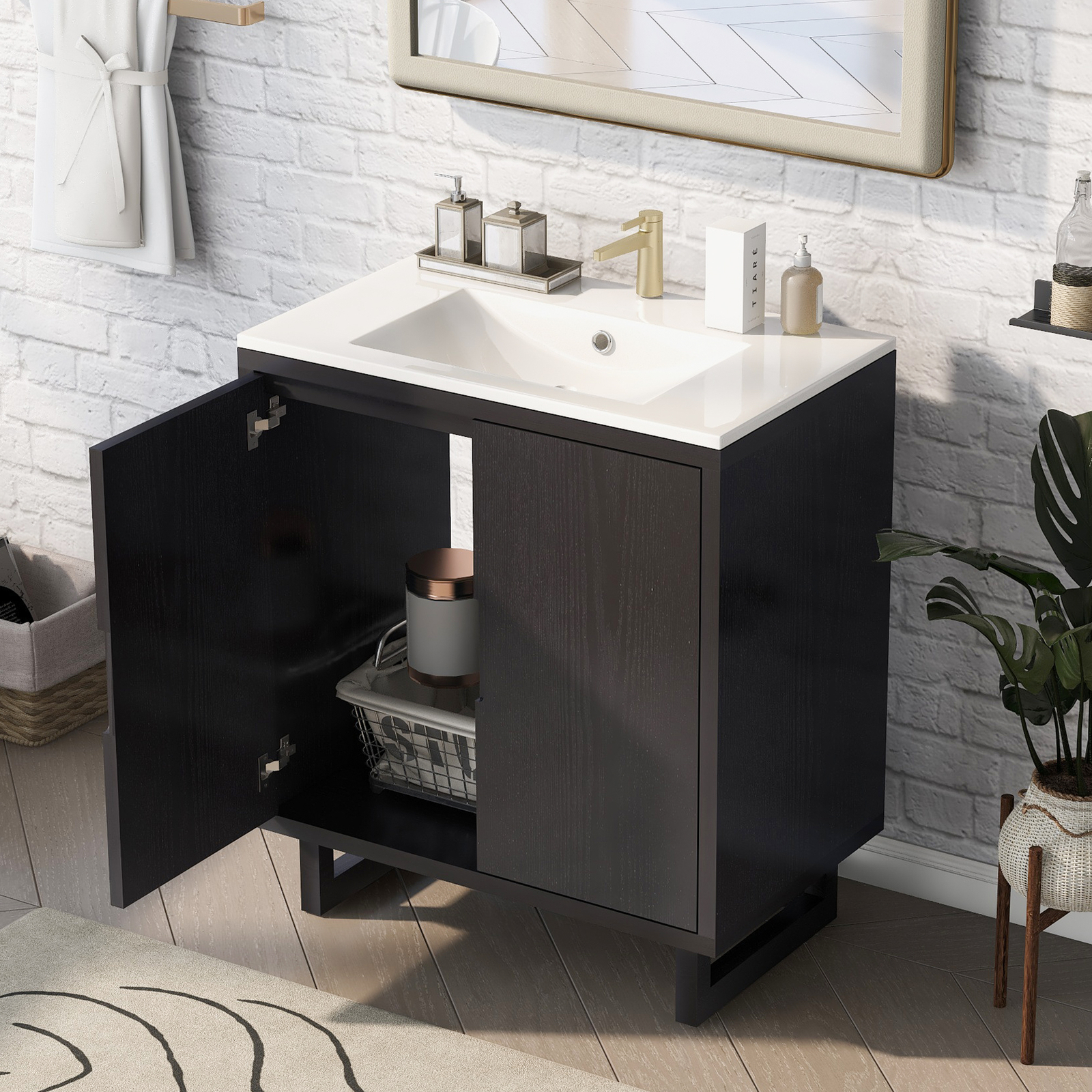 30 Inch Floor Mount Vanity Cabinet Resin Sink Bathroom Furniture Set Storage