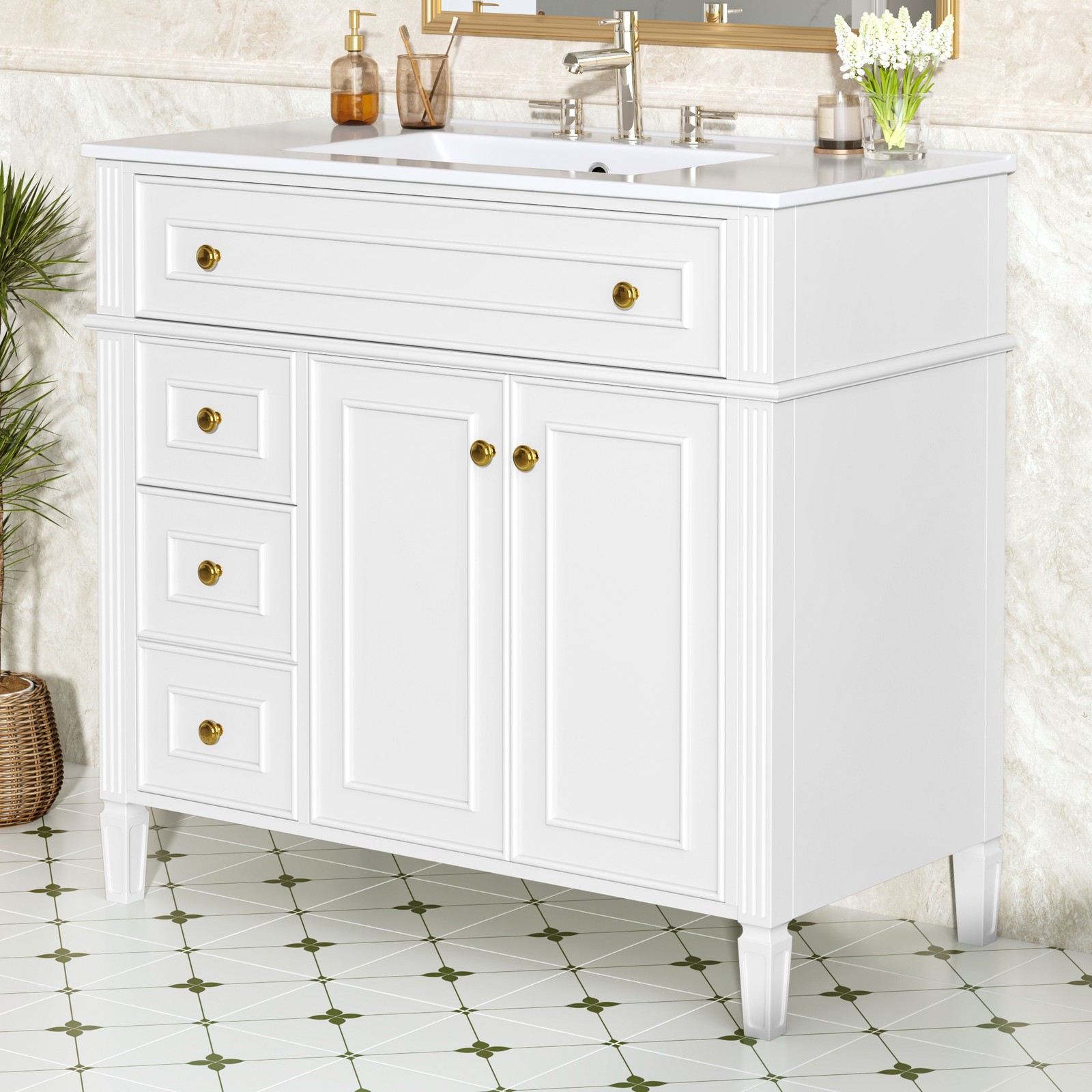 White 36 Inch Bathroom Vanity with Sink, Solid Wood Cabinet, Gold Handles