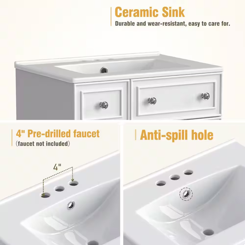 24 In. W Single Sink Freestanding Bath Vanity in White with White Ceramic Top an
