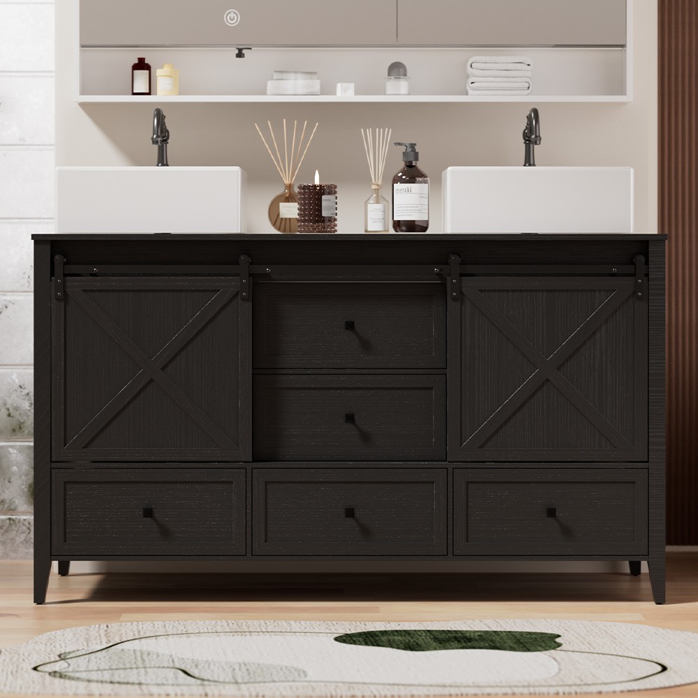 60in Freestanding Vanity Wood Bathroom Vanity Cabinet W/ Ceramic Sink Combo Door