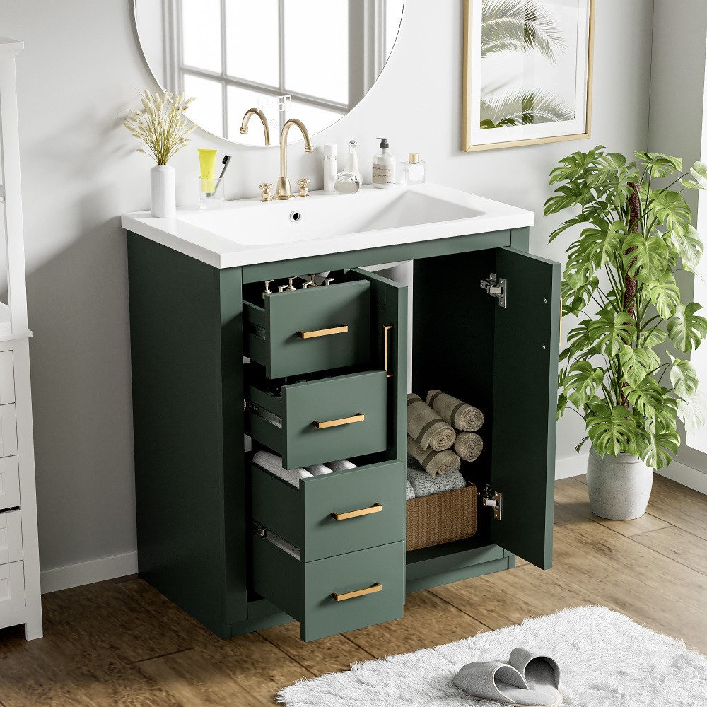 30” Bathroom Vanity with Ceramic Sink Combo,Solid Wood Frame Bathroom Storage