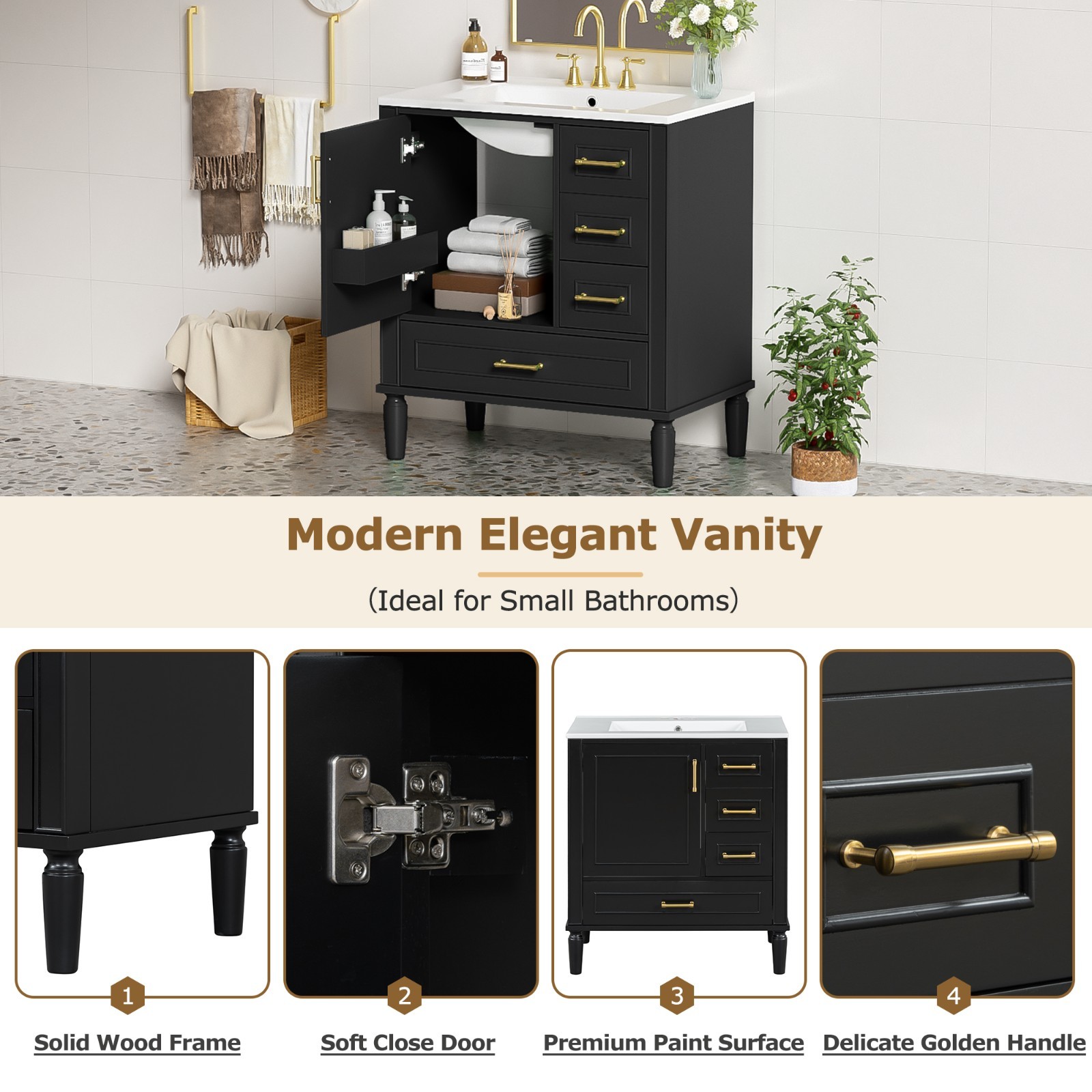 30″ vanity sink Black Floor Standing bathroom vanities with sink Storage Cabinet