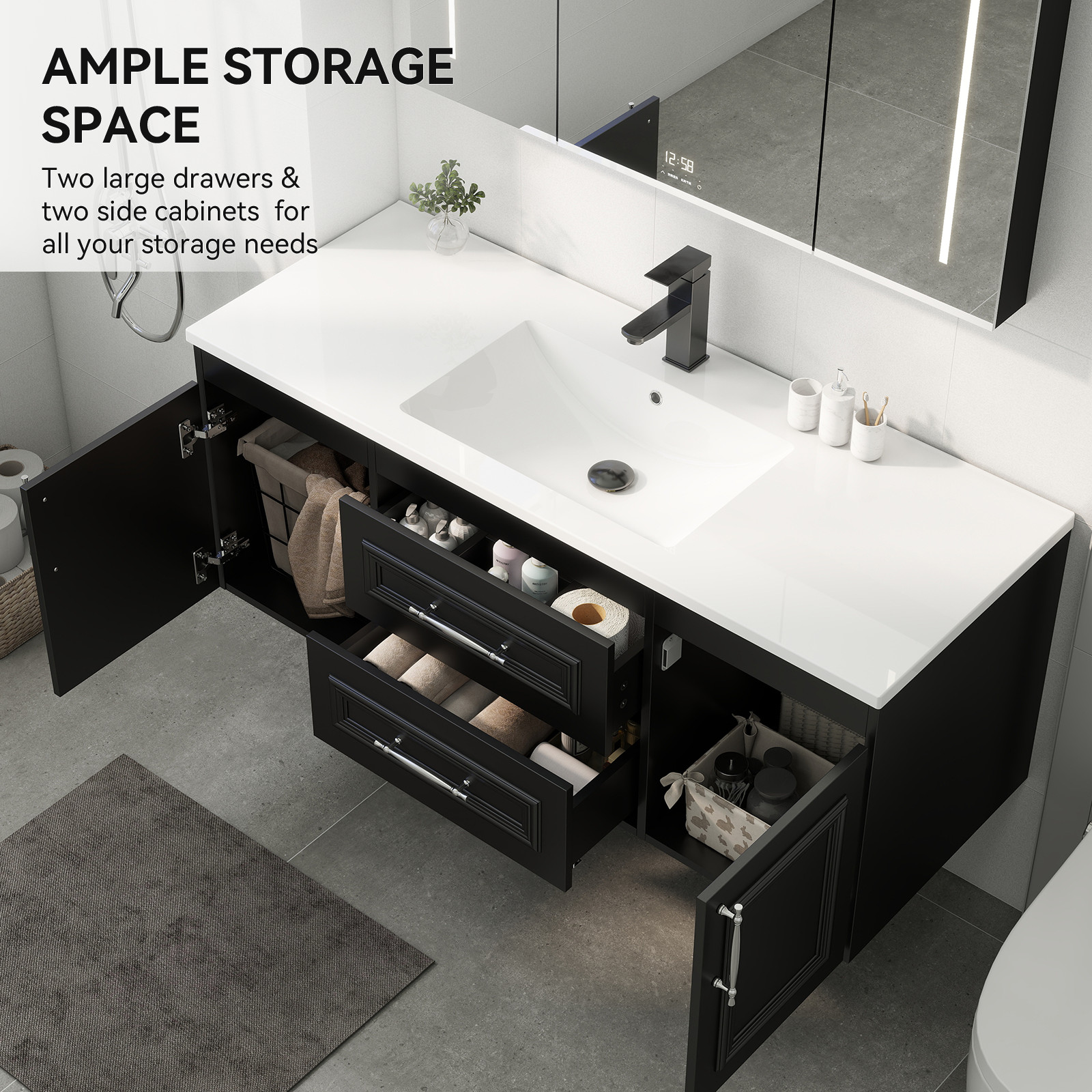 48″ Floating Vanity with Sink Wall Mounted White Soft Close Bathroom Cabinet