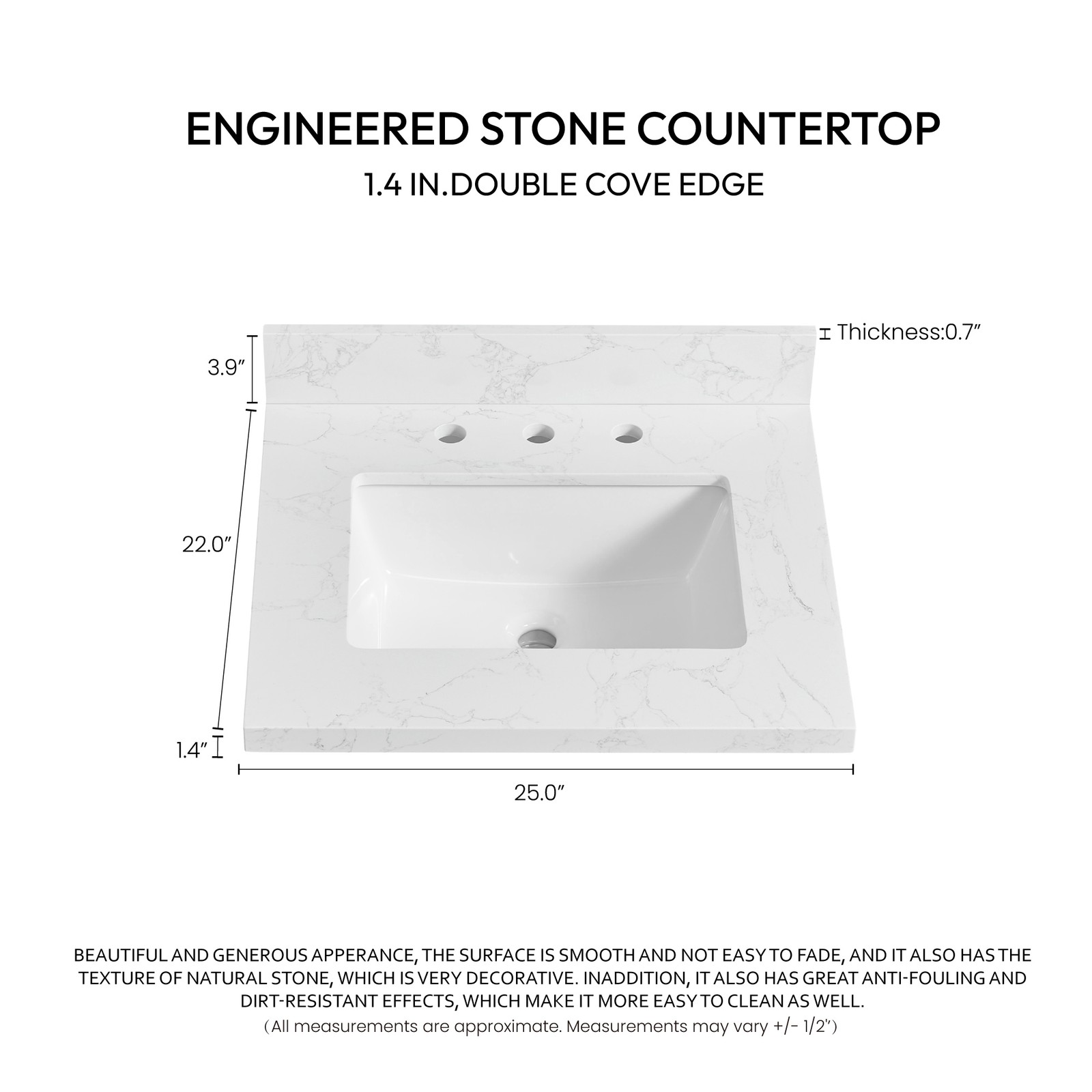 Jaen 25″W x 22″D Composite Stone Vanity Top in Grain White with Ceramic Sink