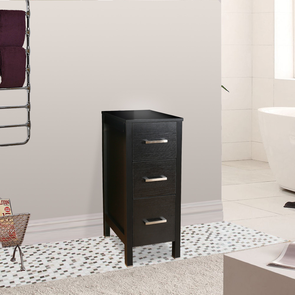 12″ Small Bathroom Vanity Black Beside Cabinet 3 Drawers Shelf MDF Wood