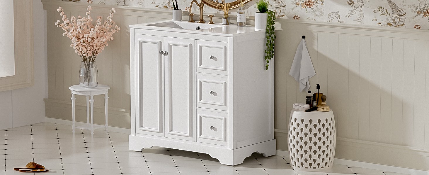 36″ White Transitional Bathroom Vanity with Ceramic Sink