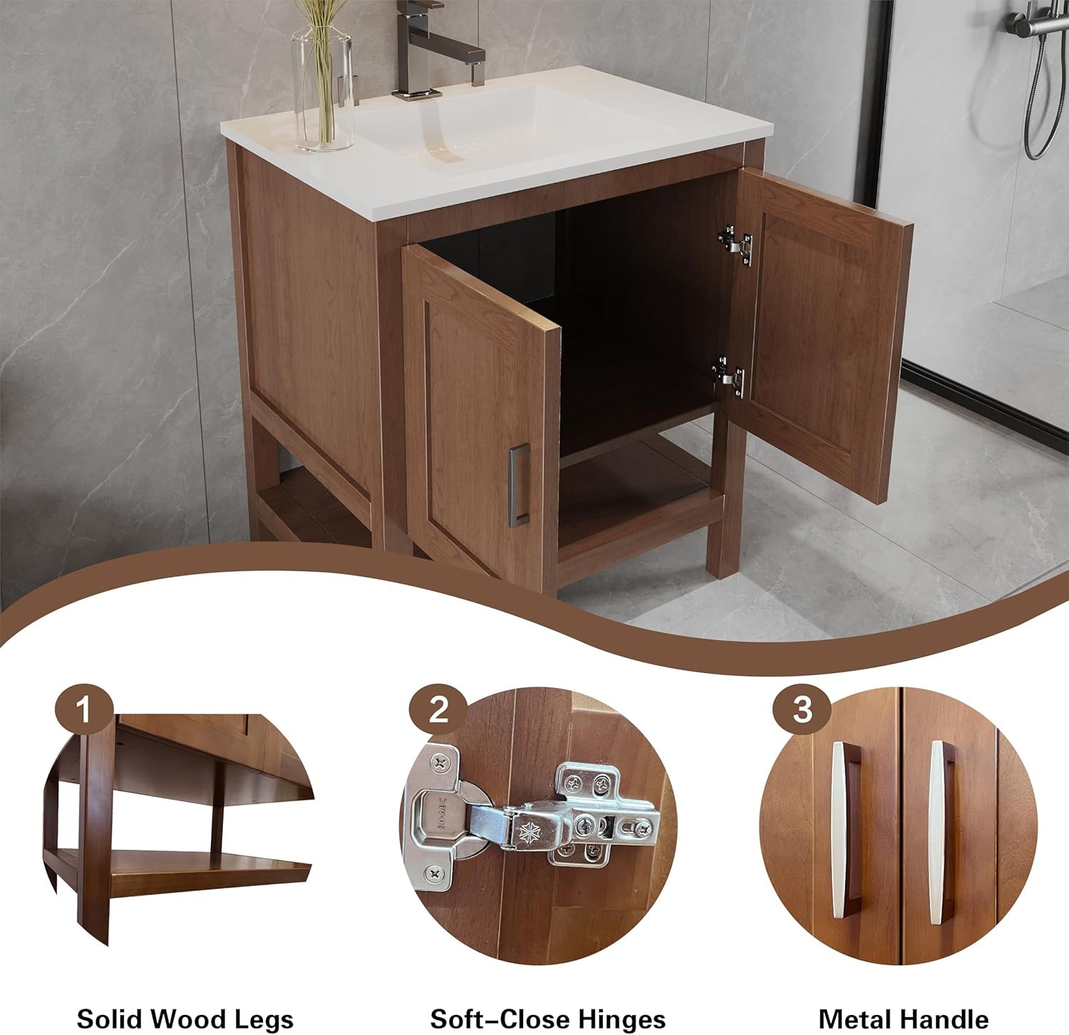 36″ Natural Wood Bathroom Vanity Base Only – Freestanding Solid Wood Sink