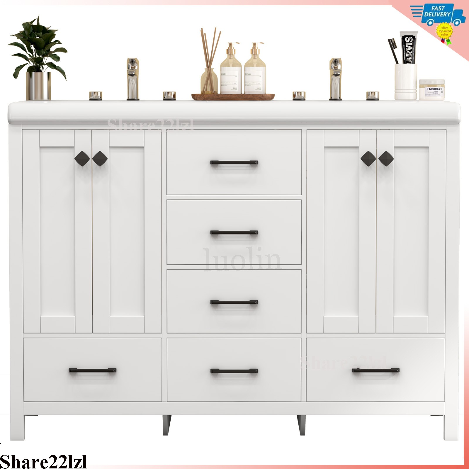47″ Bathroom Vanity Storage Cabinet with Double Ceramic Sink White Freestanding