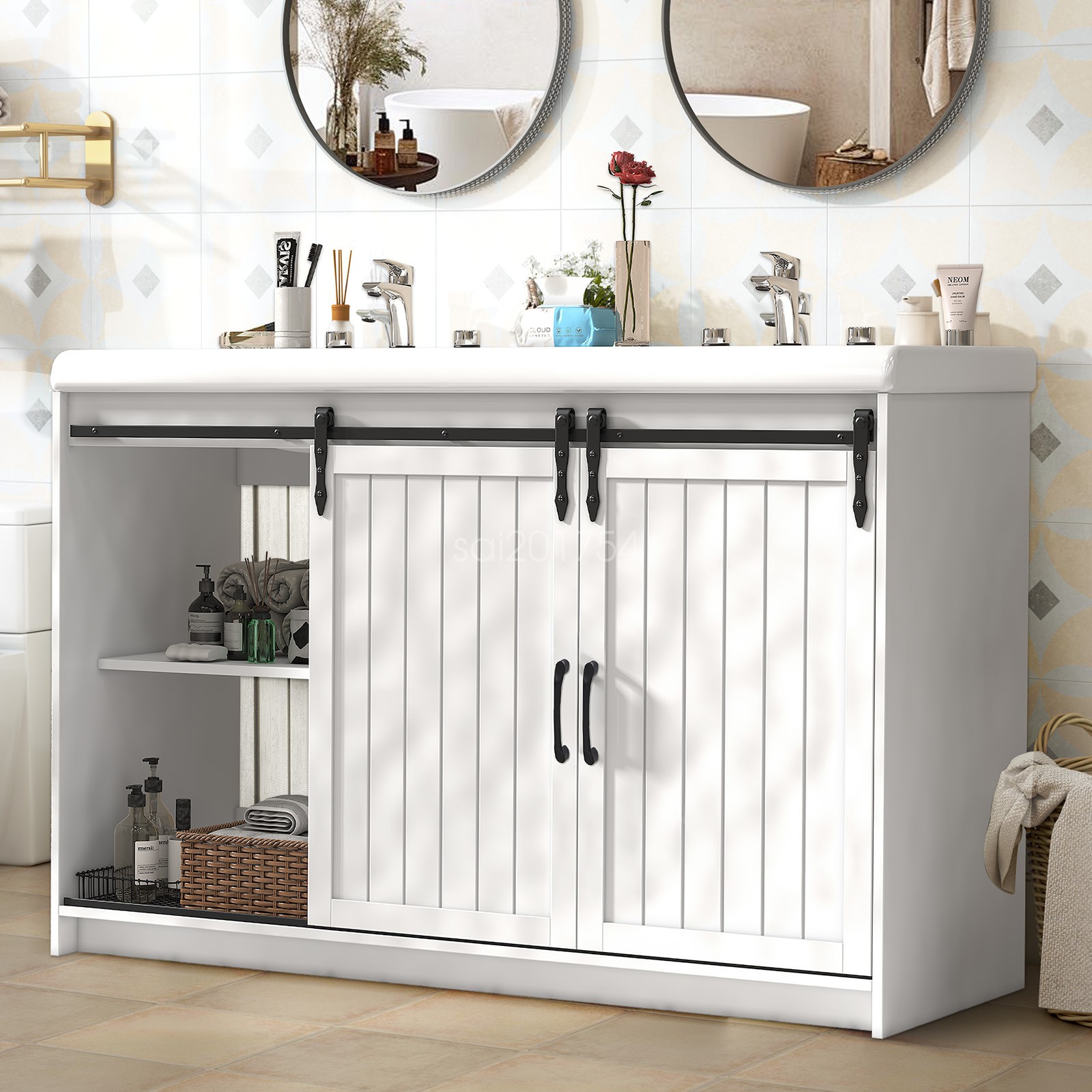 Bathroom Vanity Freestanding Ceramic Sink Cabinet With Doors and Drawers White