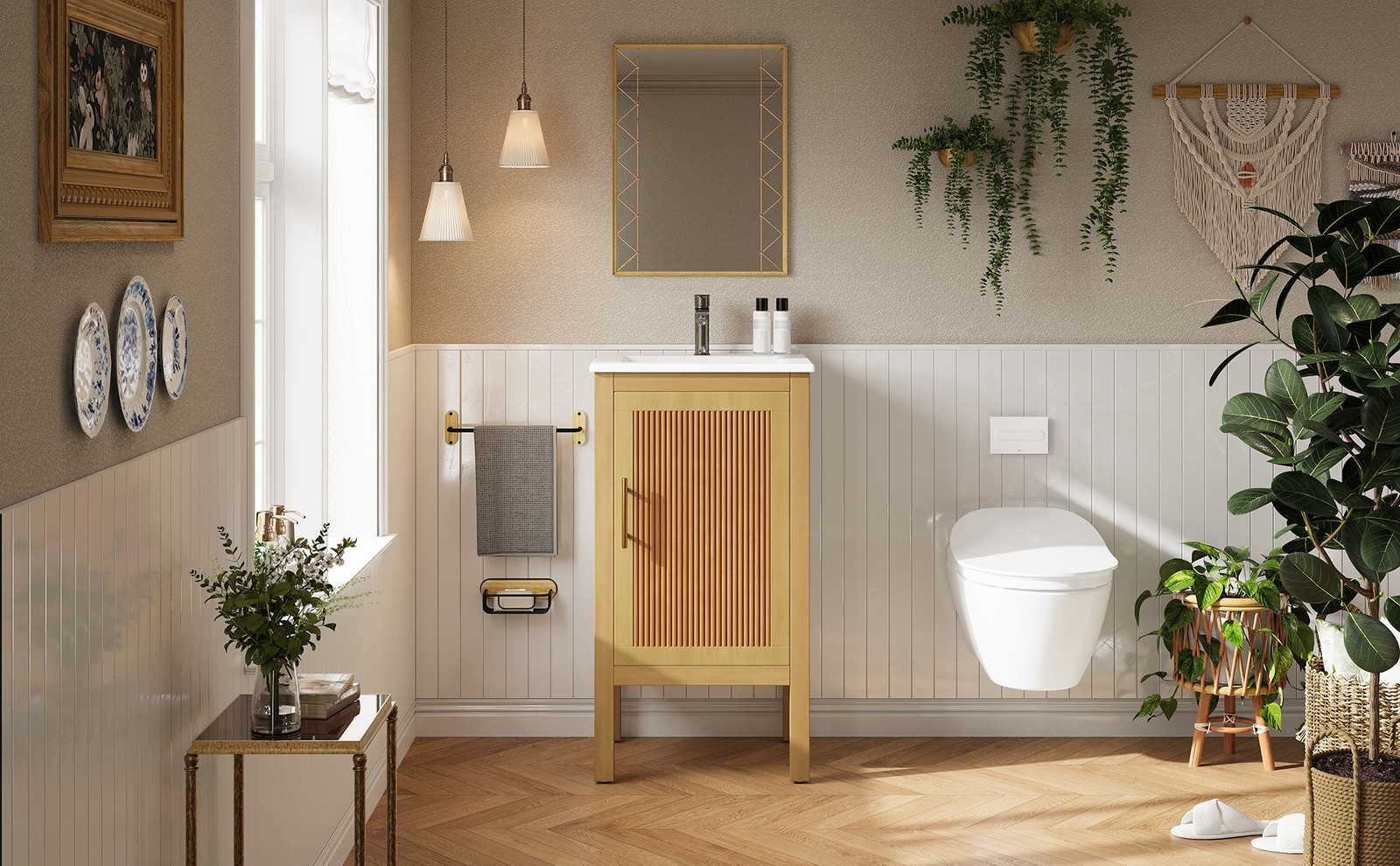 18 Inch Bathroom Vanity with Ceramic Sink, Storage Cabinet, Natural Wood