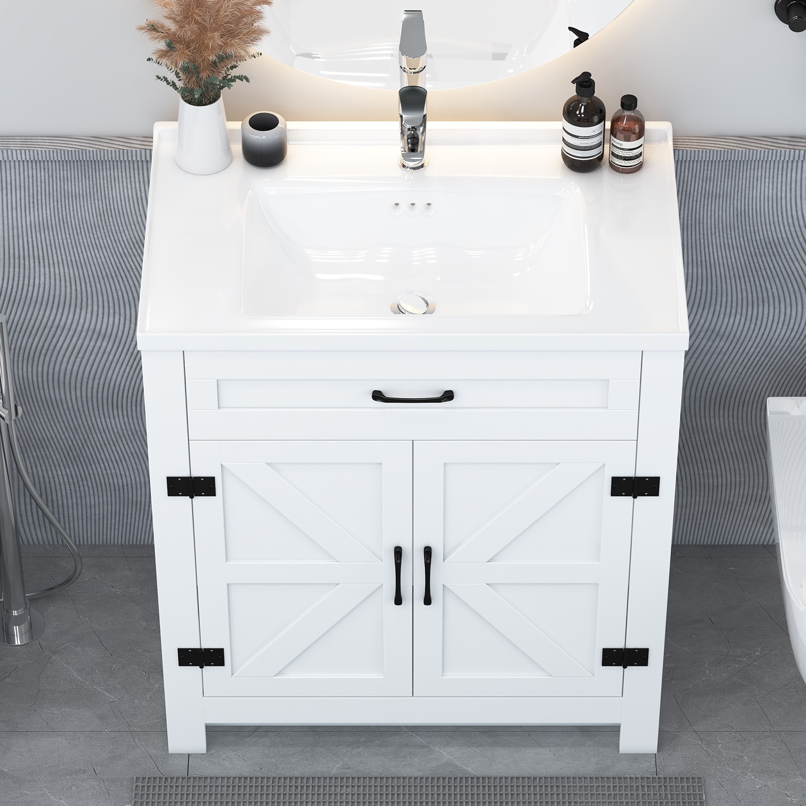 31in White Bathroom Vanity with Ceramic Sink,Divider Drawer & 2 Soft-close Doors