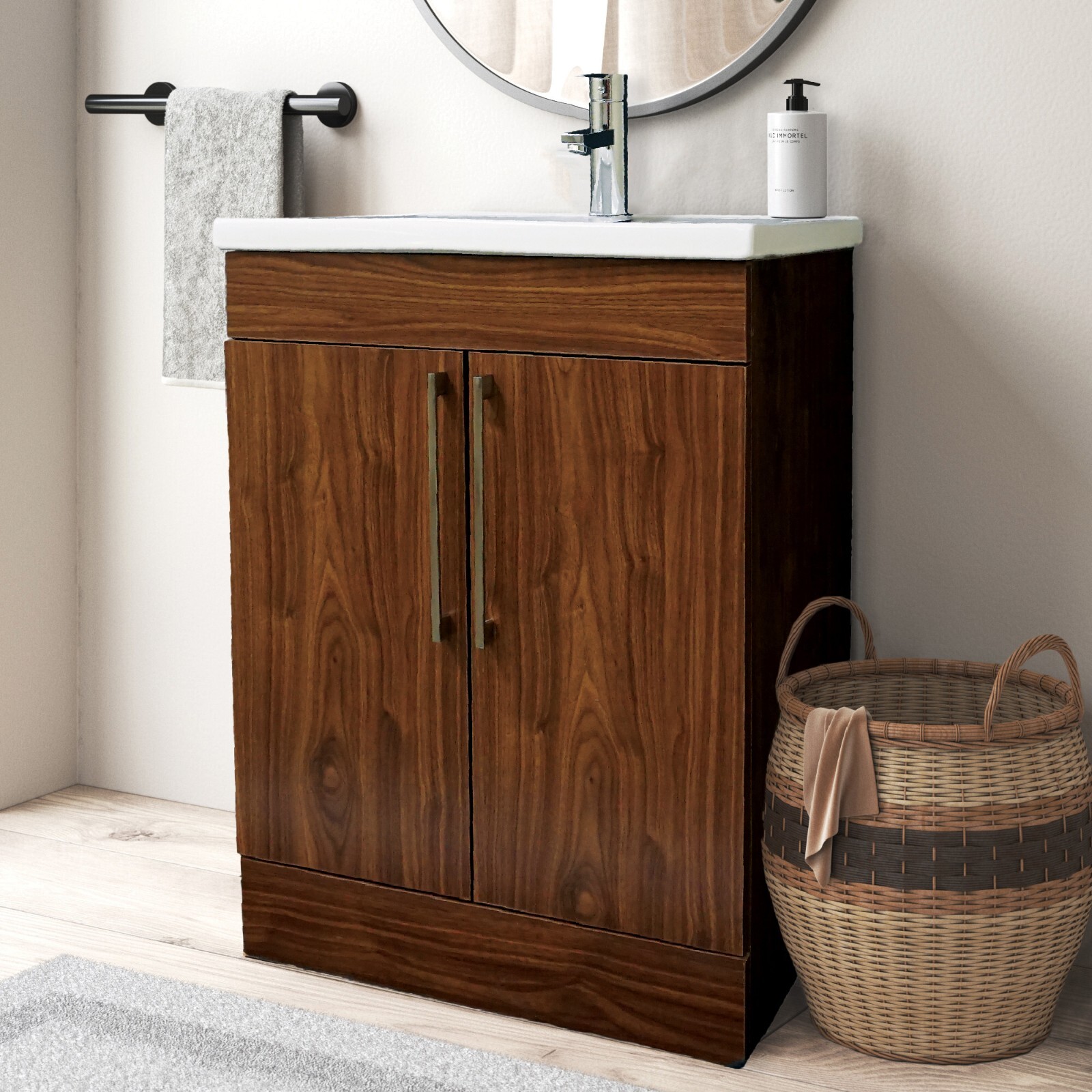 24″ W x 18″ D x 33″ H Oslo Deep Peach Wood Finish Vanity with Ceramic Vanity Top