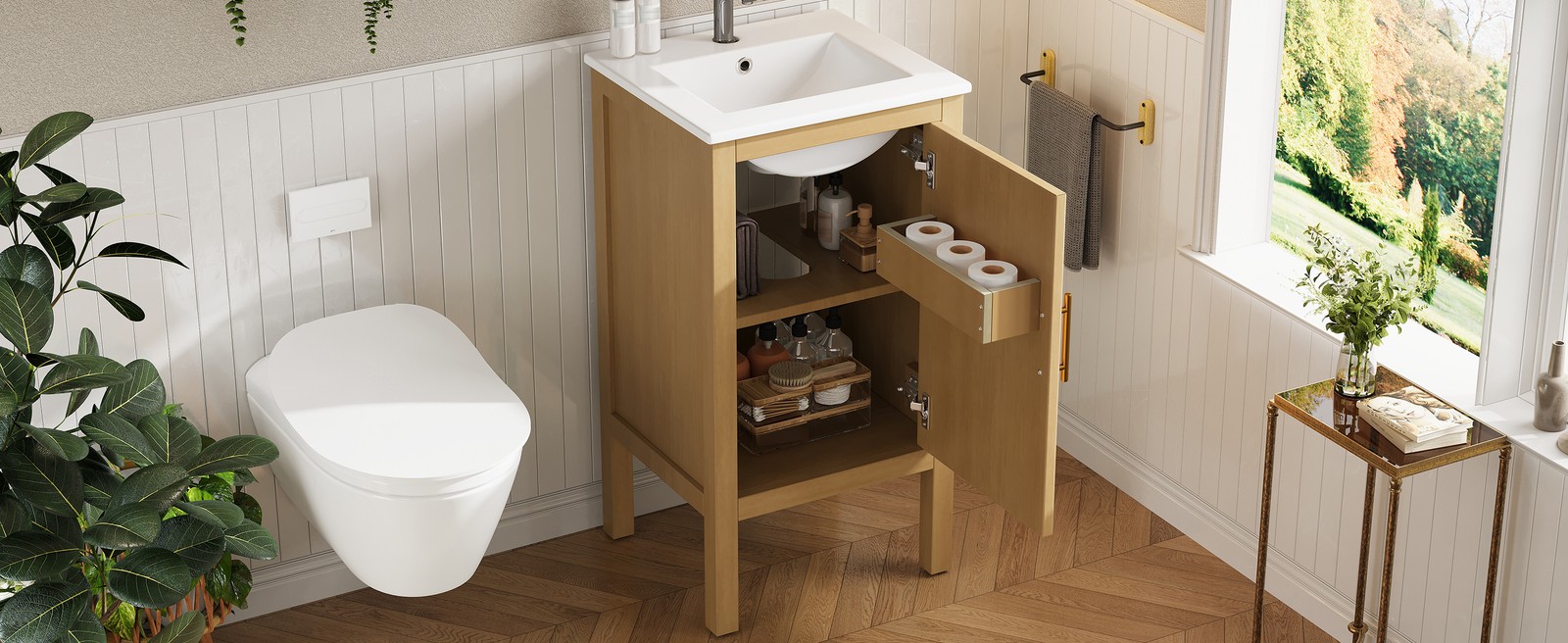 18″ Bathroom Vanity Cabinet with Ceramic Sink, Natural Wood
