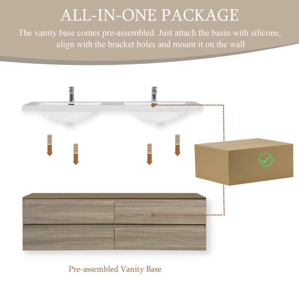 72” Wall Mount Bathroom Vanity with 2 Sinks, Solid Surface Top, Ash Gray