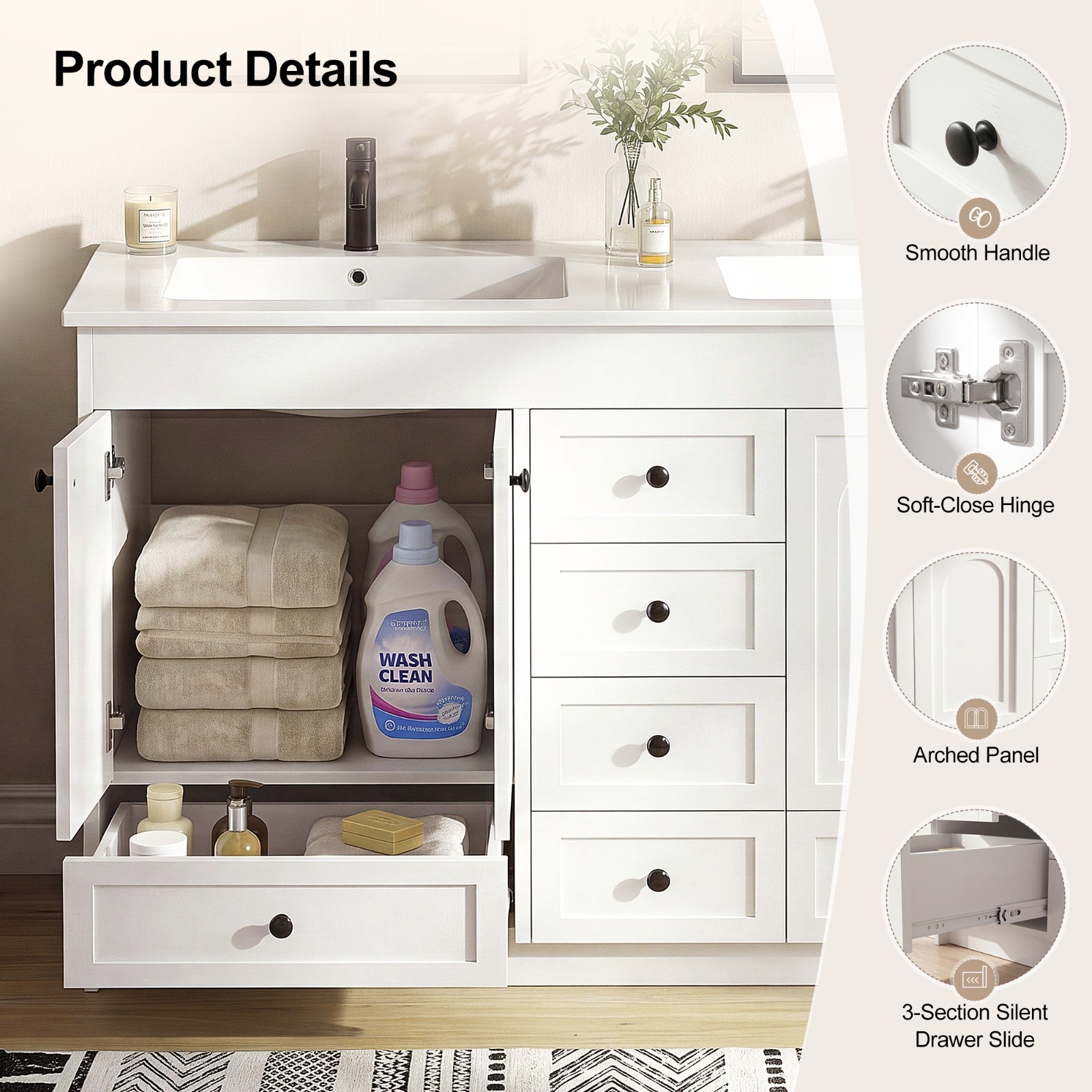 48” Bathroom Vanity Cabinet with Double Sink Ceramic Basin Vanity Freestanding