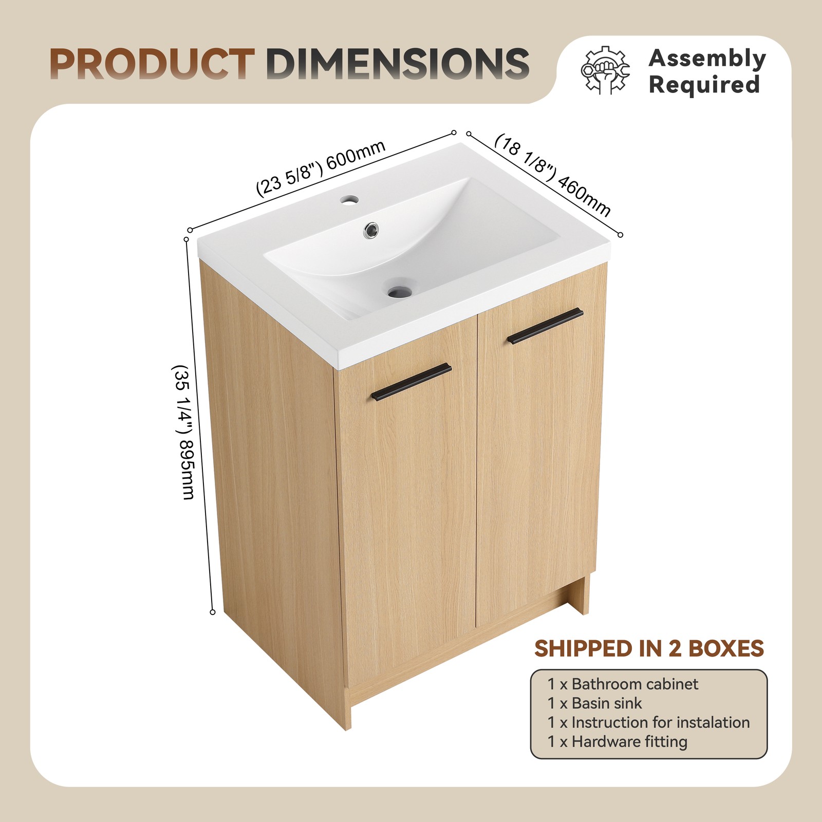 24″ Freestanding Bathroom Vanity with Resin Sink, Light Oak