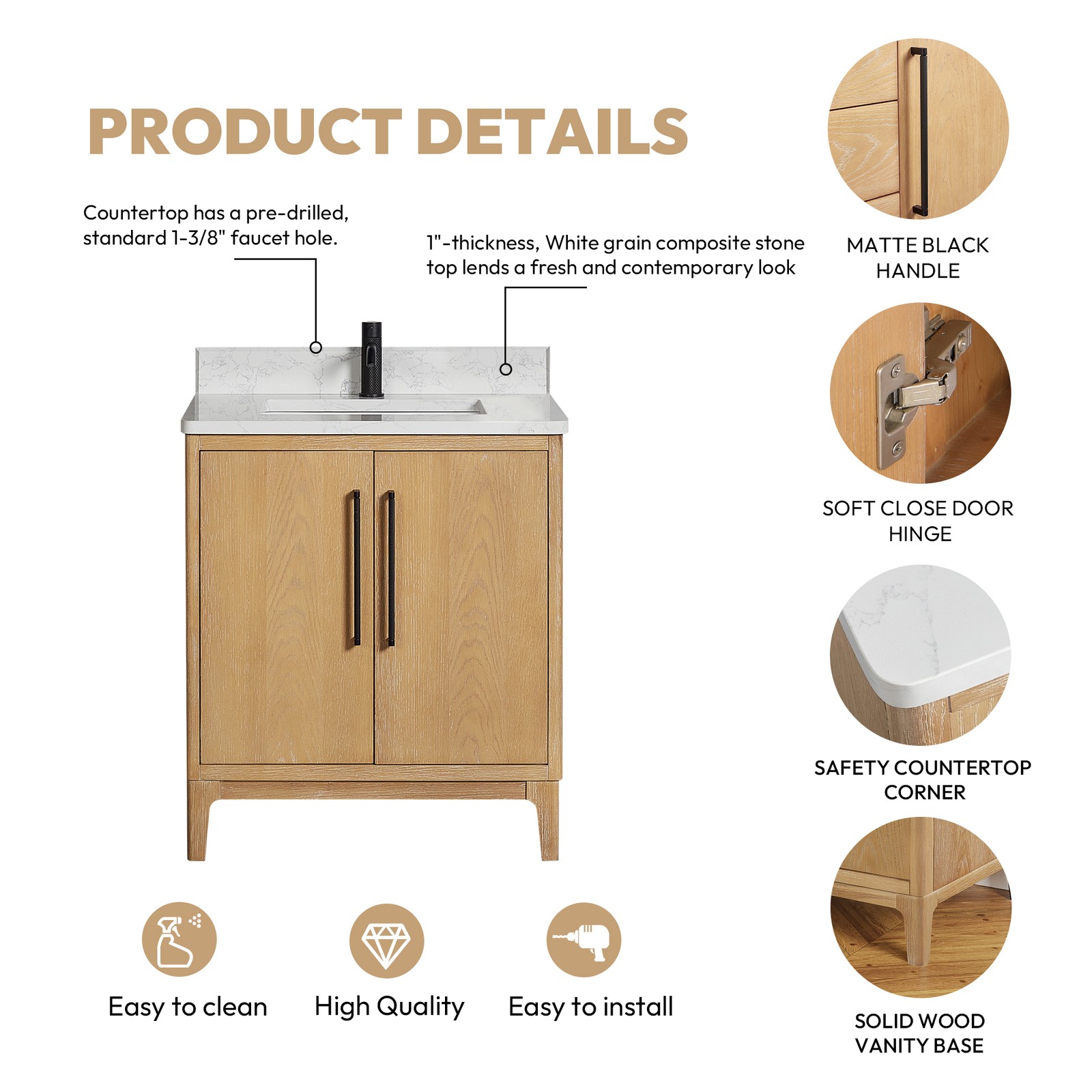 Gara 30″ Single Bath Vanity in Washed Ash Grey w/ White Grain Composite & Mirror