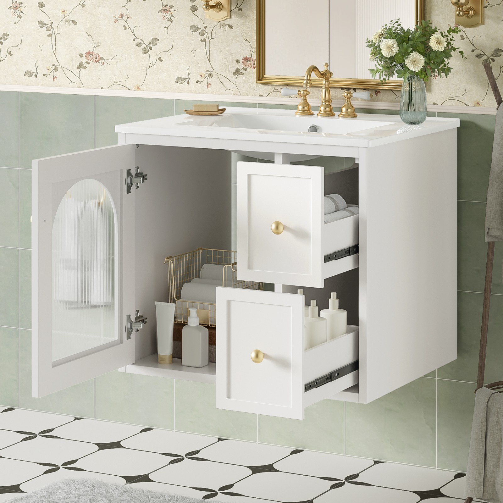 24″ Bathroom Vanity Set with Ceramic Sink Wall Mounted Bathroom Cabinet White