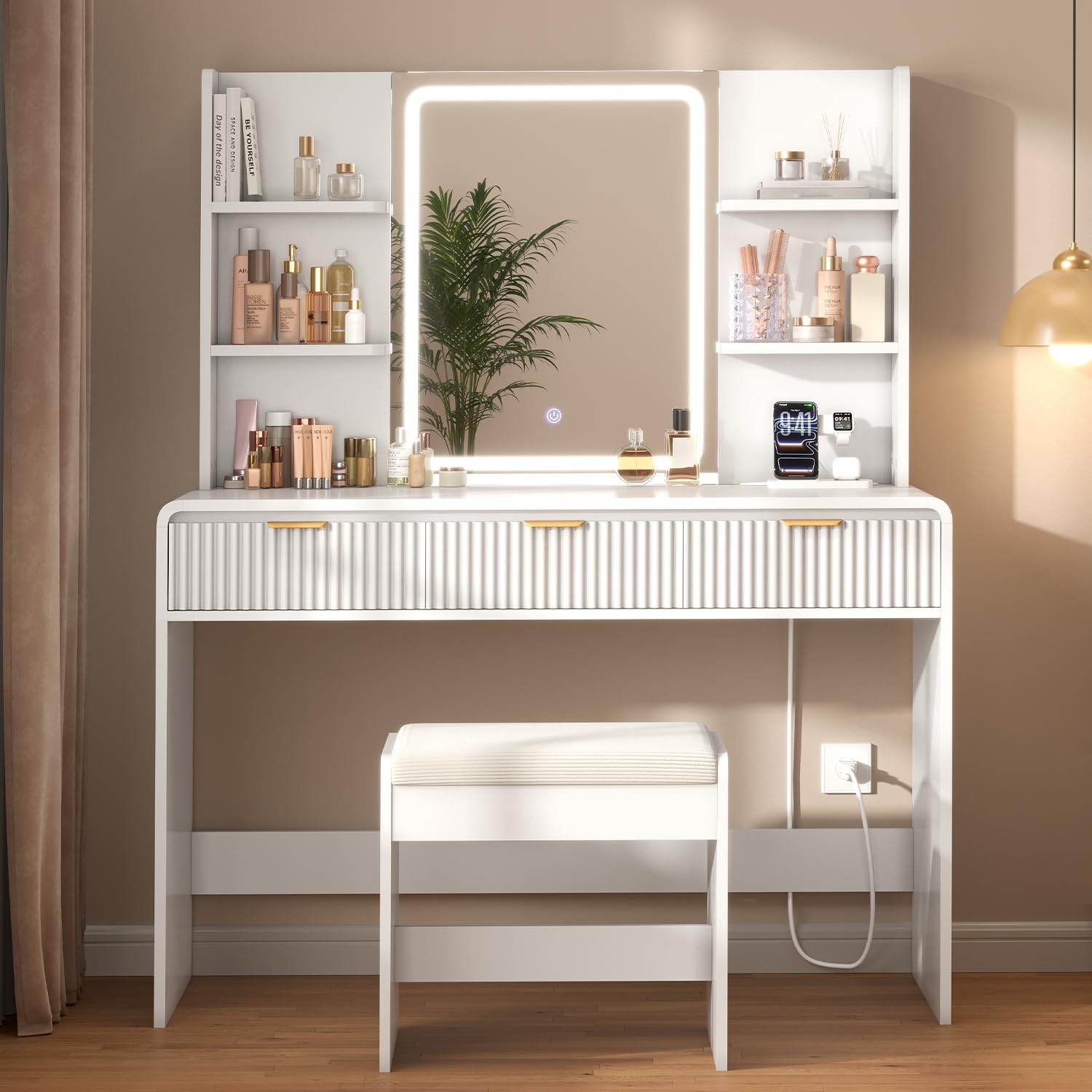 Fluted Vanity Desk with Mirror & Lights, Stool, Power Outlet White