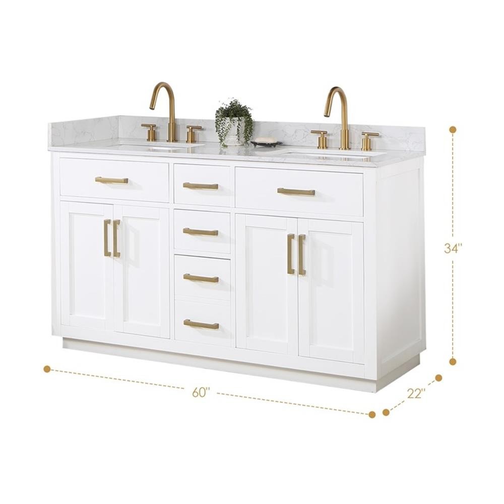 Gavino 60″ Wood Vanity in White with Grain White Composite Stone Top and Mirror