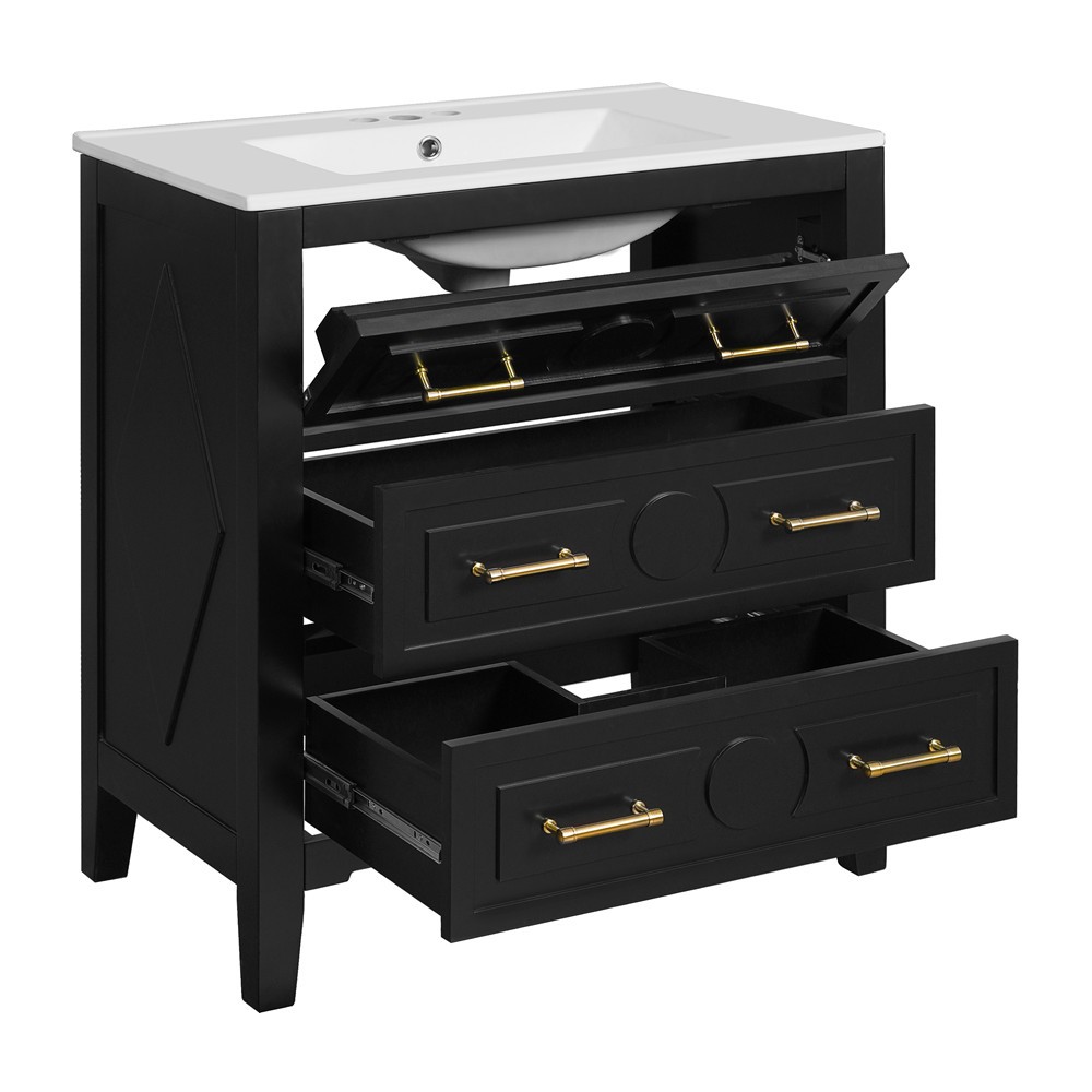 30″ Bathroom Vanity with Basin Sink, 3 Drawers, Freestanding Bath Vanity Cabinet