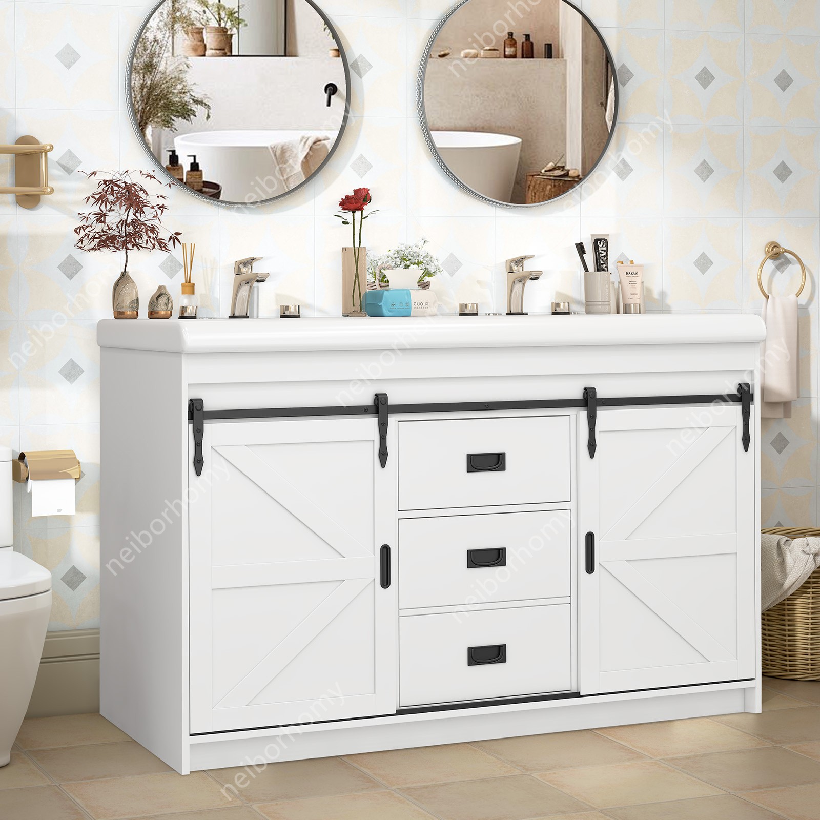 Double Sink Bathroom Vanity Cabinet Complete Set Ceramic Basin Bathroom Unit