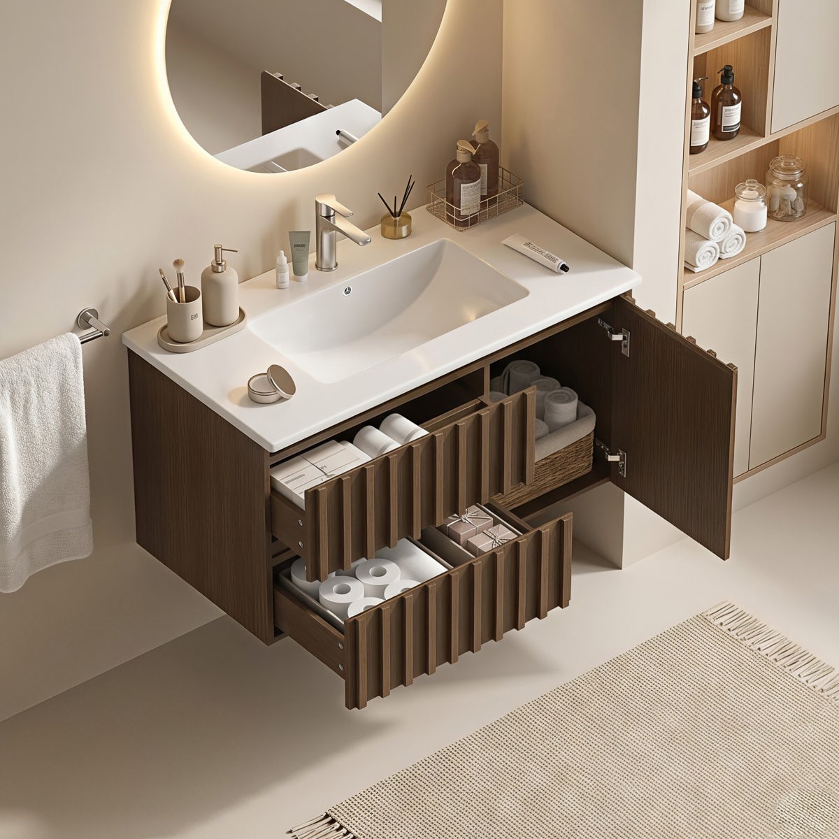 36″ Floating Bathroom Vanity with Ceramic Sink Wall Mounted Soft Close Drawers