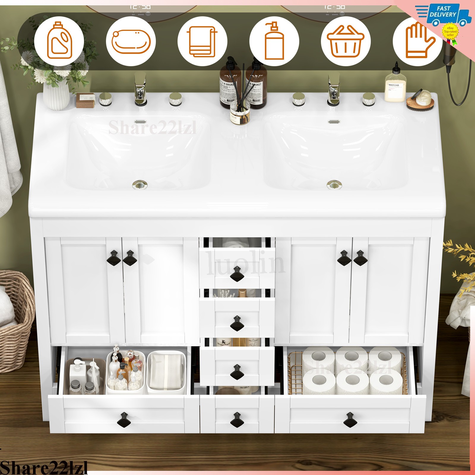 47inch Bathroom Vanity Bathroom Storage Cabinet with Double Ceramic Sink White