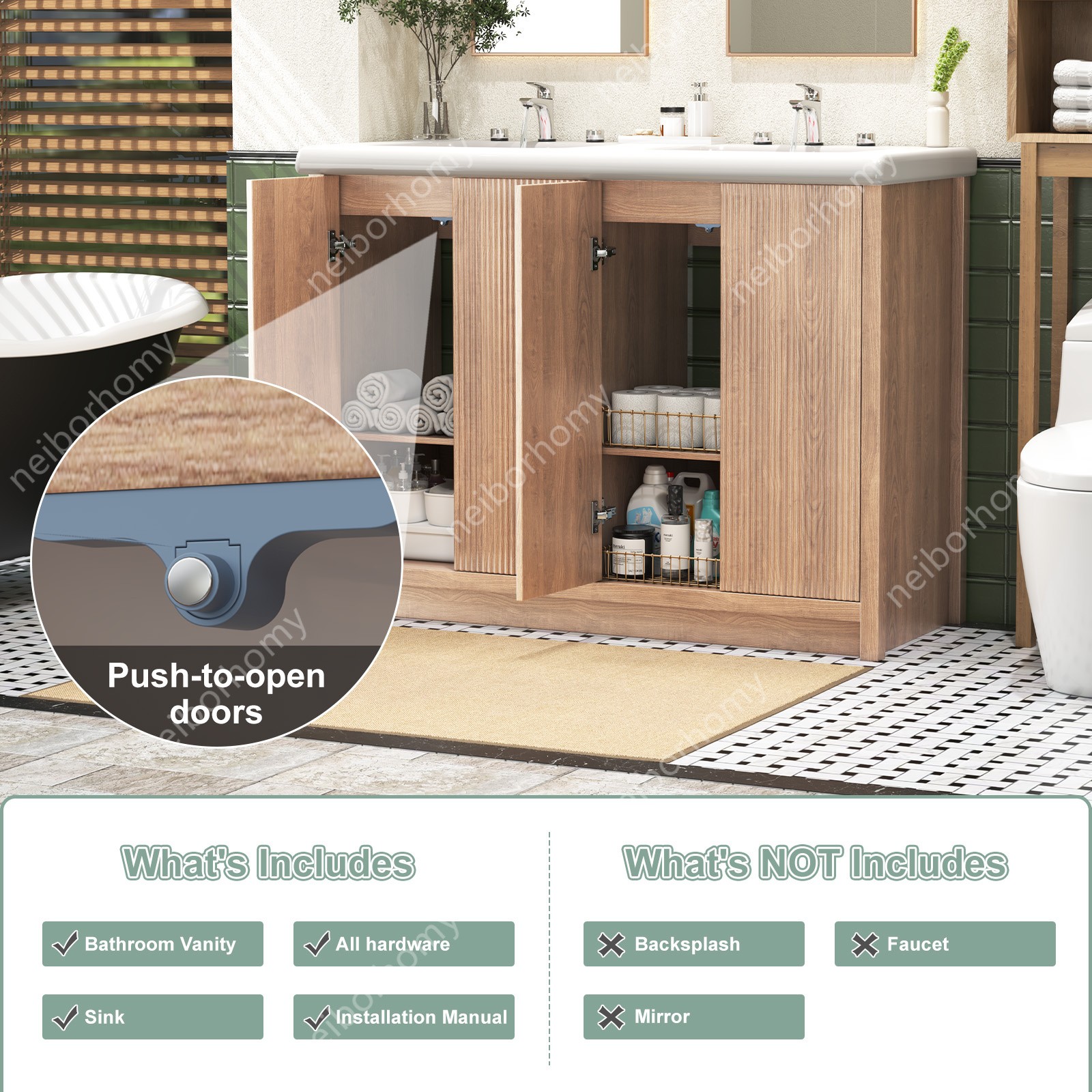 47″ Double Sink Bathroom Vanity Wood Grain Modern 2 Basin Storage Cabinet