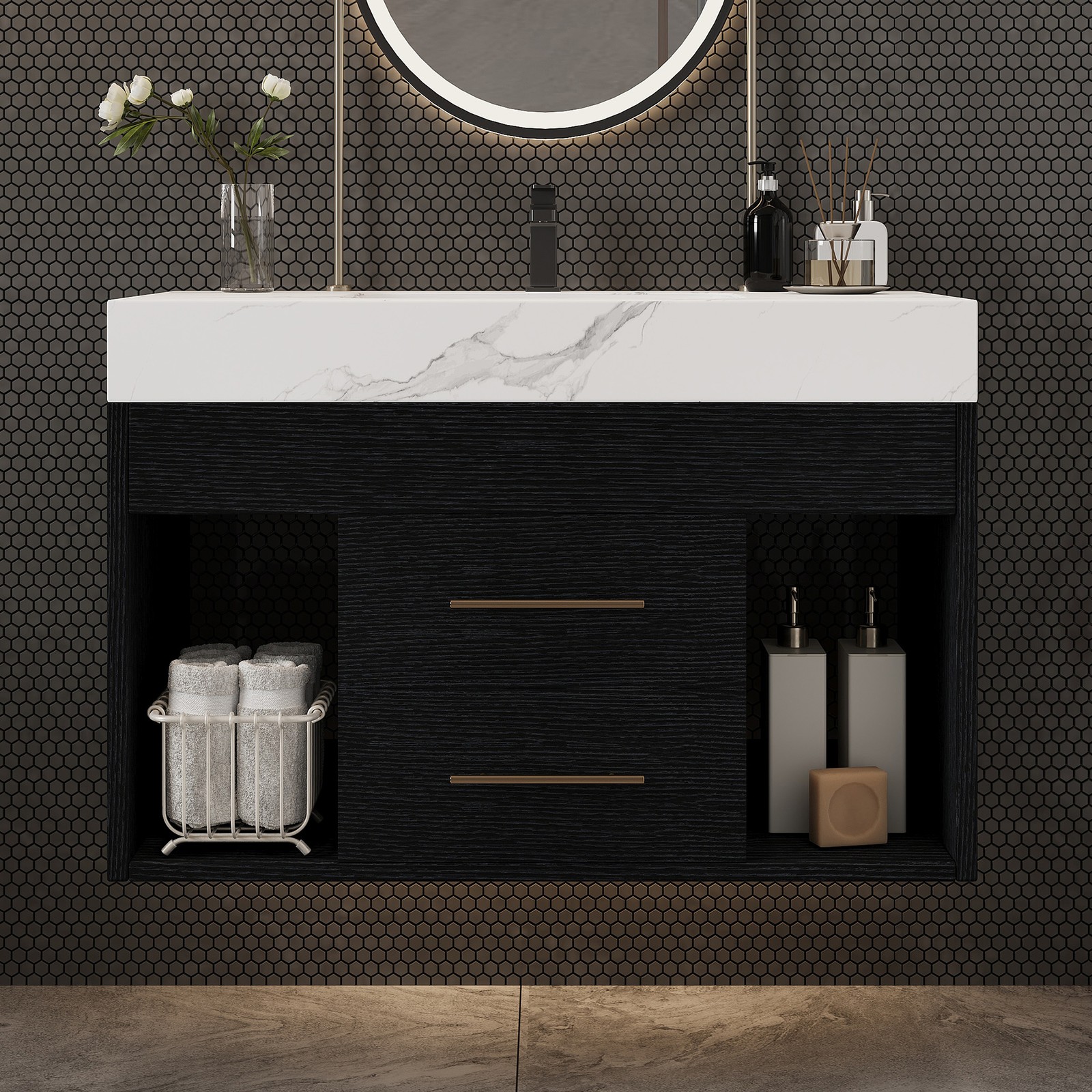 Modern Floating Bathroom Vanity Sintered Stone Top Ceramic Undermount Sink 29.9″
