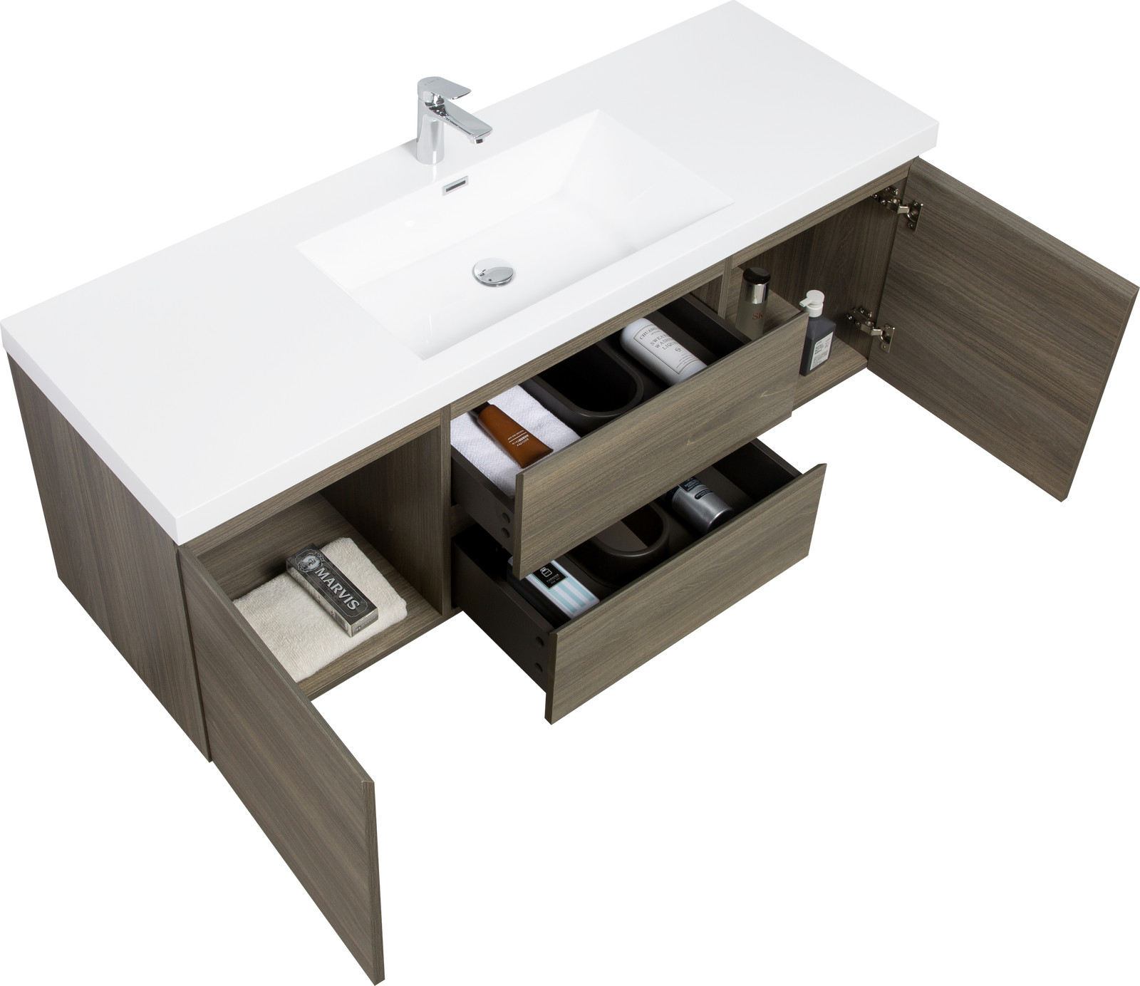 60″ Floating Wall-Mounted Bathroom Vanity with Resin Sink Drawers Doors Ash Grey