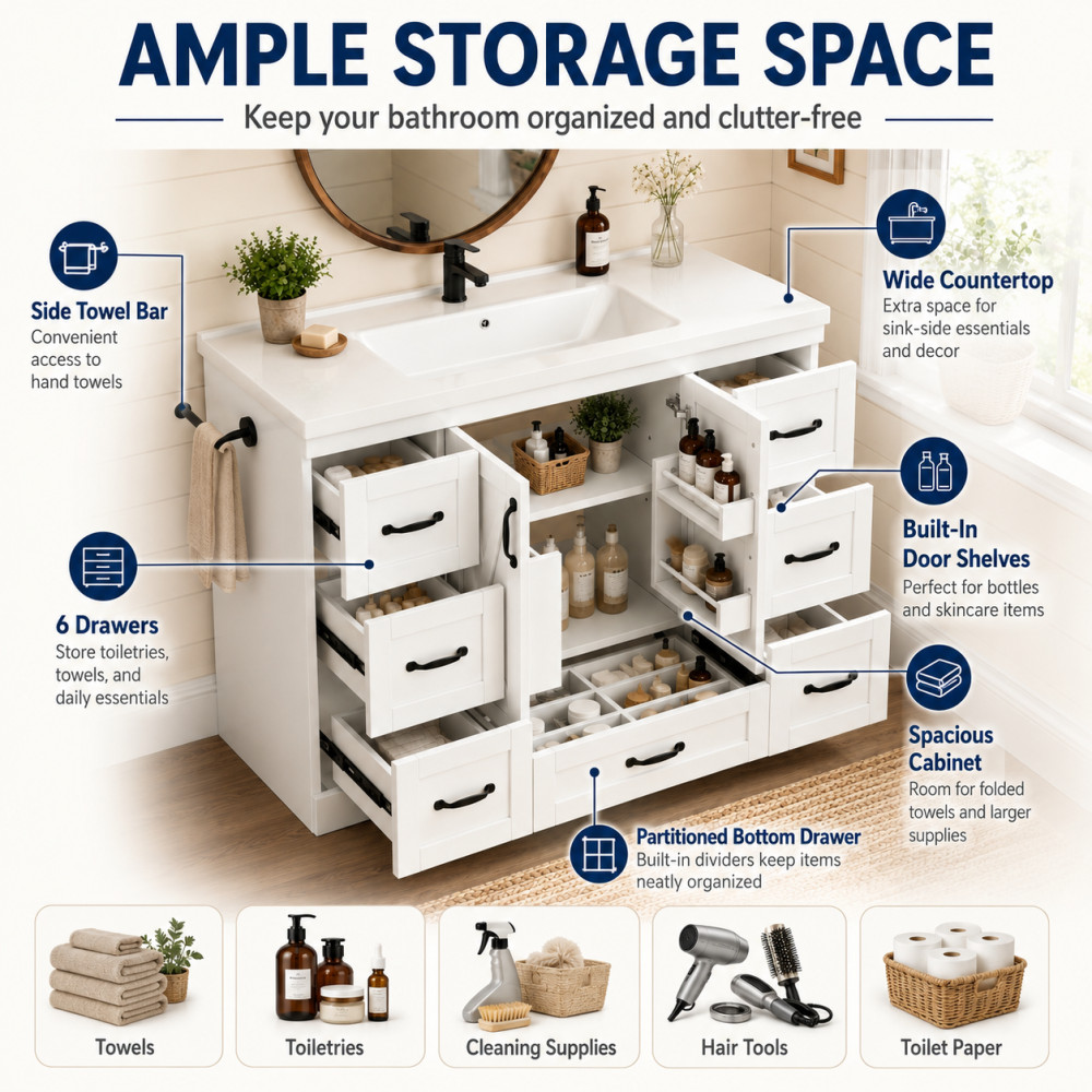 48in Bathroom Vanity W/Sink Ceramic Top Backsplash 6 Drawers Towel Bar Storage
