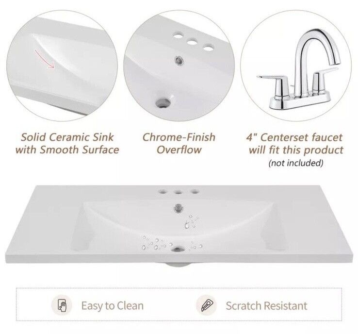 36″ Single Bathroom Vanity Top with White Basin, 3-Faucet Holes, Ceramic, White