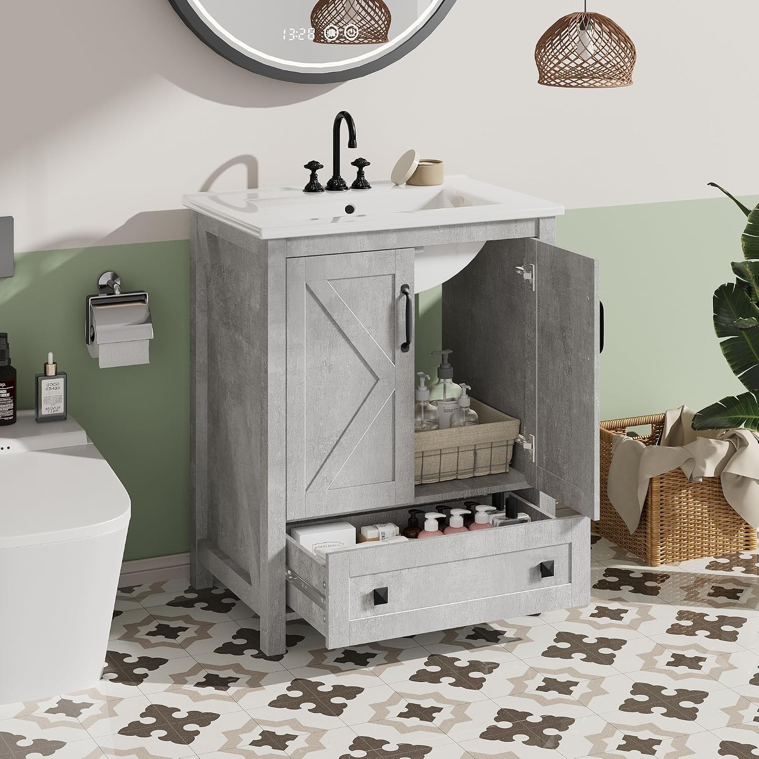 30 in Vanity with Ceramic Sink Bathroom Vanity with 2 Door and 1 Drawer Cabinet
