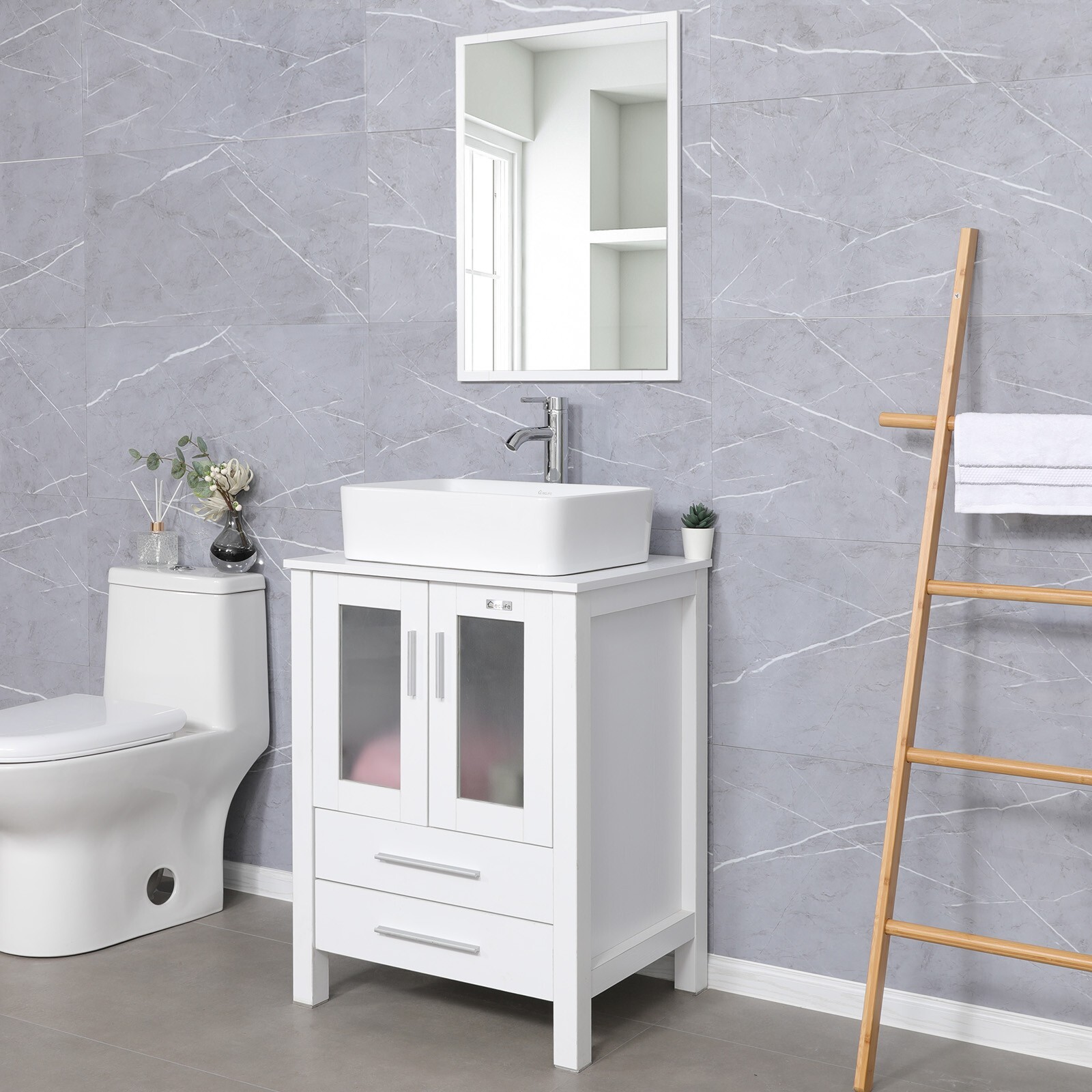 24 In White Bathroom Vanity Cabinet Set Vessel Glass Sink Faucet Combo No Mirror